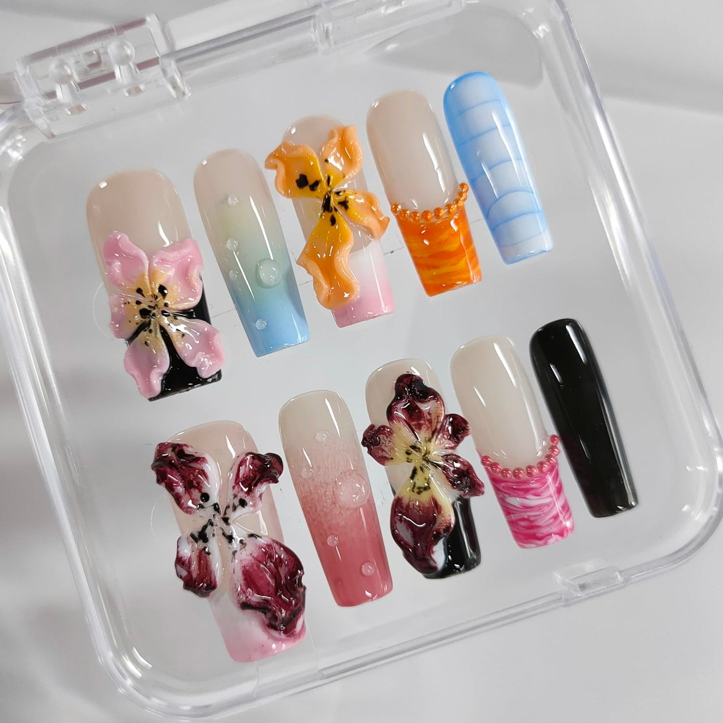 Handmade Press on Nails Medium Square 3D Floral French Tip Thick Acrylic Fake Nails Colorful False Nails with Lily Flower Water Drop Designs Sturdy Nail Art Press on Nails 10Pcs(M)