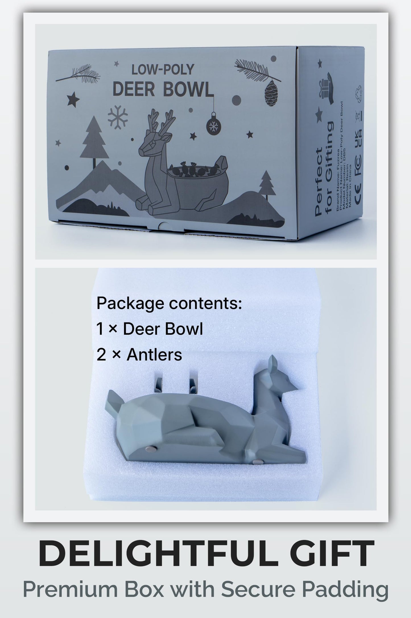 Fuzrea Low-Poly Deer Statue, Gray Resin Deer Candy Bowl & Key Holder, Reindeer Candy Dish Home Decor for Living Room, Office, Dining Table, Shelves, Entryway