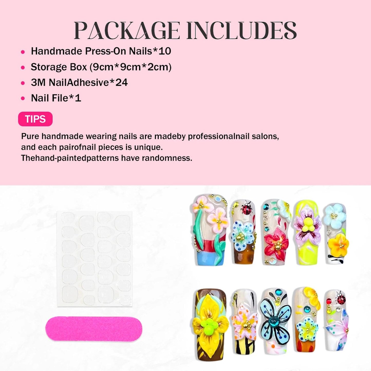 Handmade 3D Sweet Pastoral 3D Floral Square Press On Nails, Playful Rhinestone Artisan Nails Set, Reusable Glossy Press-ons with Tool Kit(S)