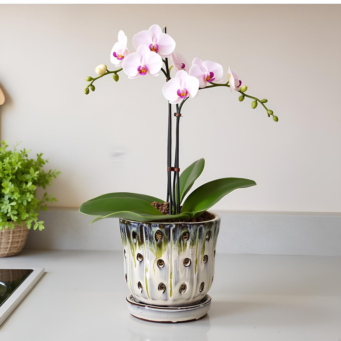 Grdthzey Orchid Pots 4.9 inch Round Ceramic Orchid Pots with Holes Set of 2 (SkyBlue+White with Lemon Green)