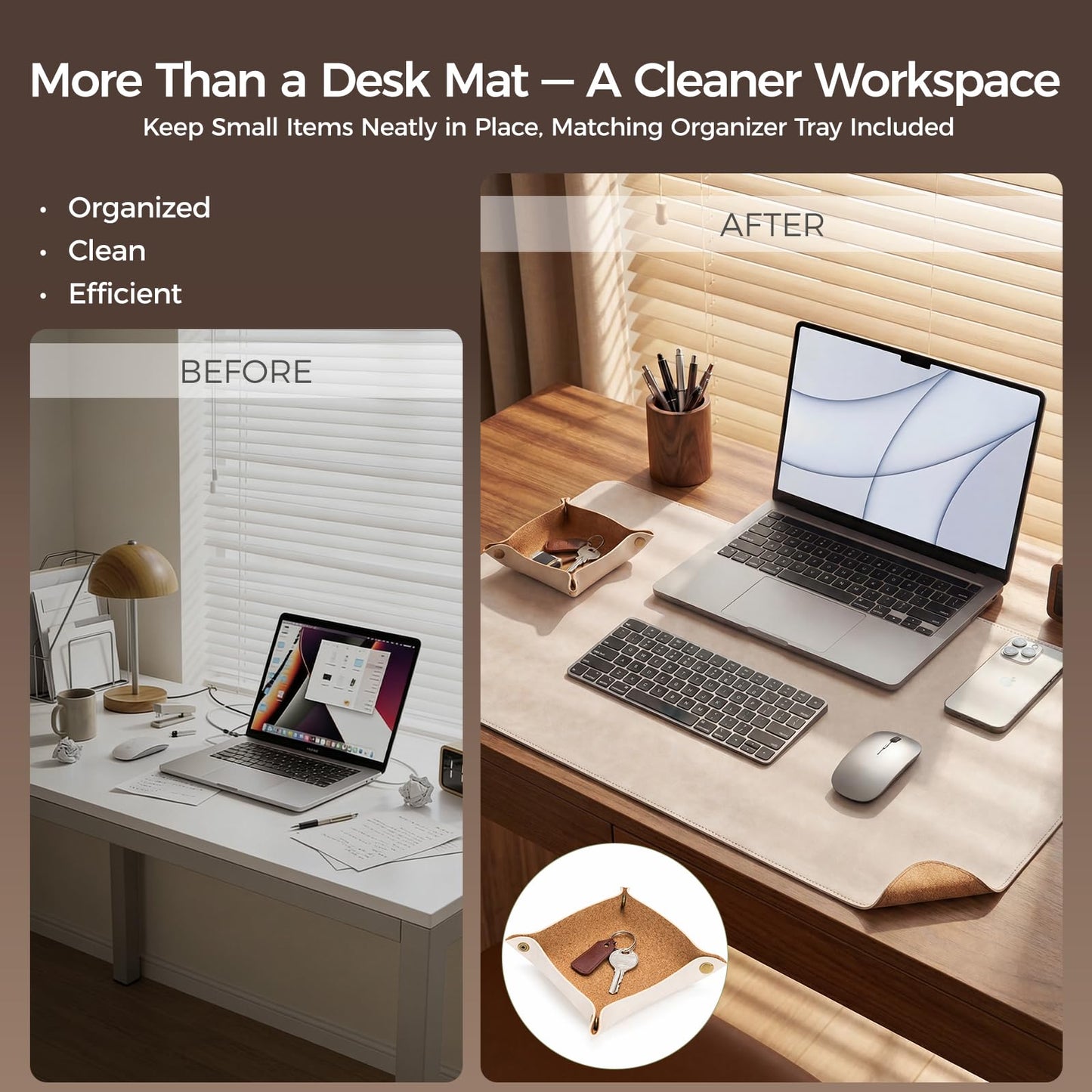Premium Faux Leather Desk Mat & Tray Set，Innovative Cork-Look Printed Base，Gift Tube Packaging，Full-Desk Coverage，Non-Slip Desk Pad for Office Home（Warm Beige）