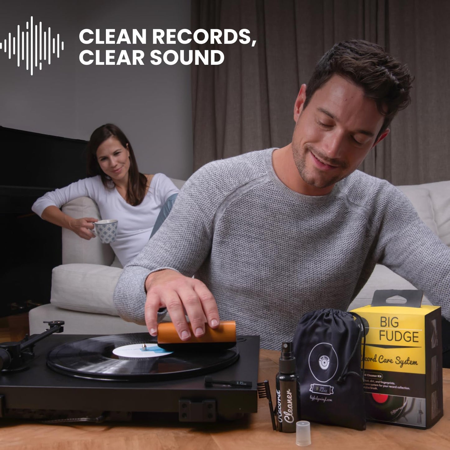 Big Fudge Vinyl Record Cleaning Kit - 4-in-1 Vinyl Record Cleaner Kit for Records Includes Ultra-Soft Velvet Brush Cleaning Liquid Stylus Brush and Storage Pouch - Pro Records Care