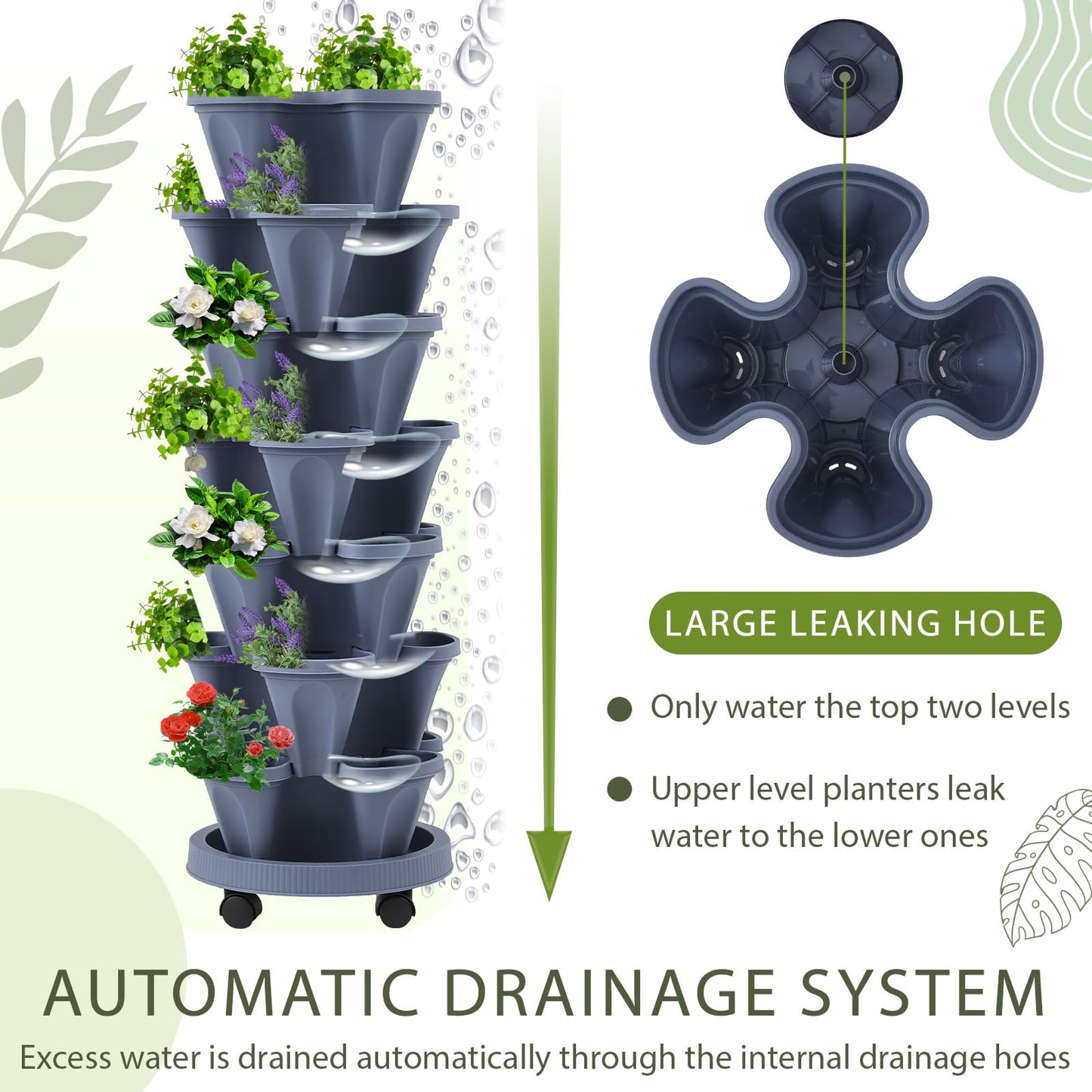 Umigy 2 Set of 7 Tier Vertical Planter Stackable Tower Planters Strawberry Herb Flower and Vegetable Pots Indoor Outdoor Gardening Pots with Removable Wheels and Tools(Dark Gray)