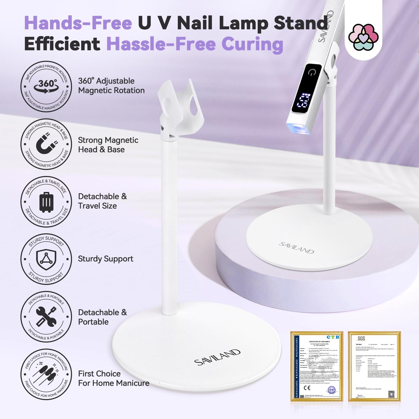 SAVILAND U V Nail Lamp Stand: Sturdy Only U V Light Stand for Gel Nails Polish 360° Adjustable Magnetic Nail Stand for Press On Nails Display Strong Magnet Fake Nail Holder
