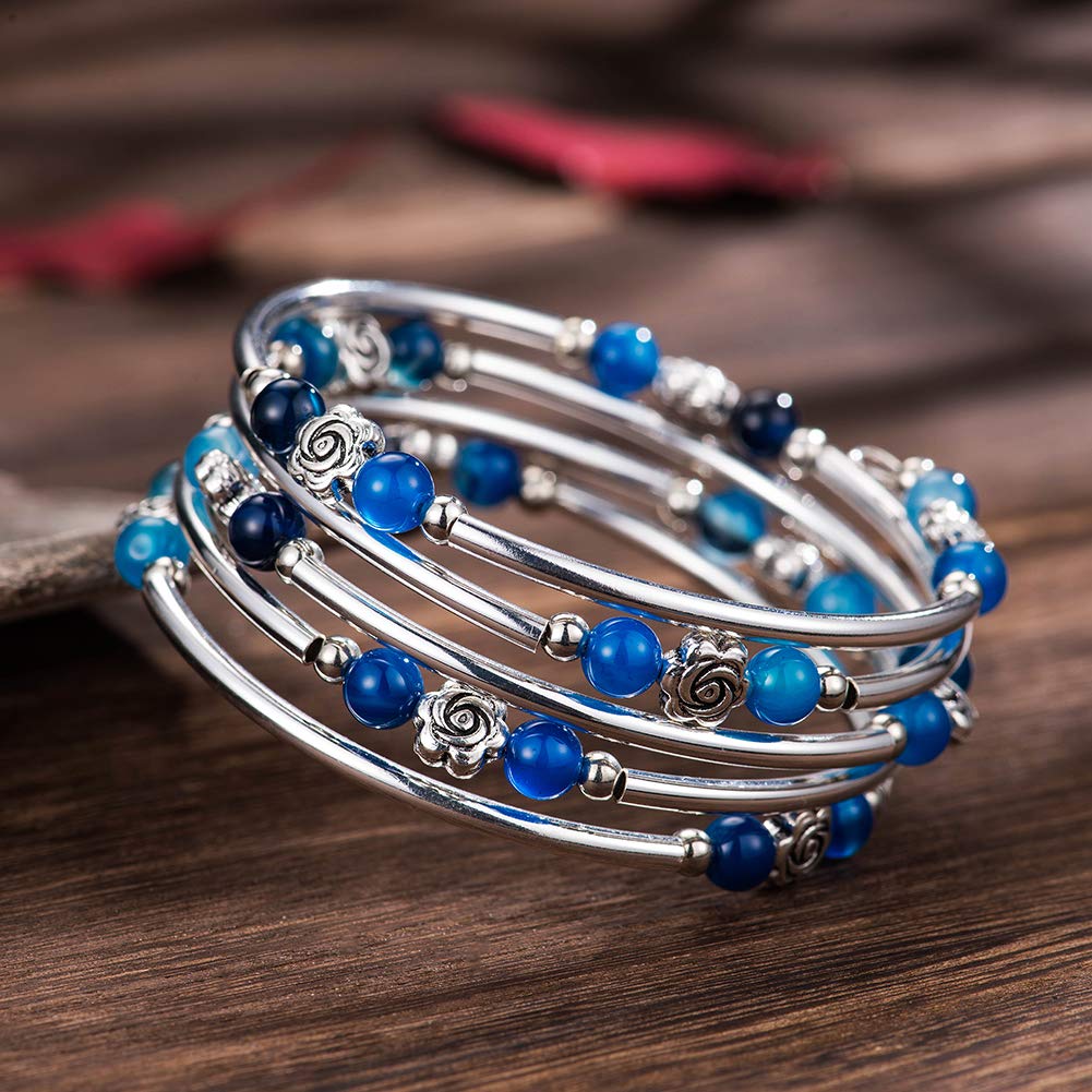 BULINLIN Wrap Bangle Rose Bead Bracelet - Beaded Bracelet with Natural Agate Stone Gifts For Women(01-Agate blue)