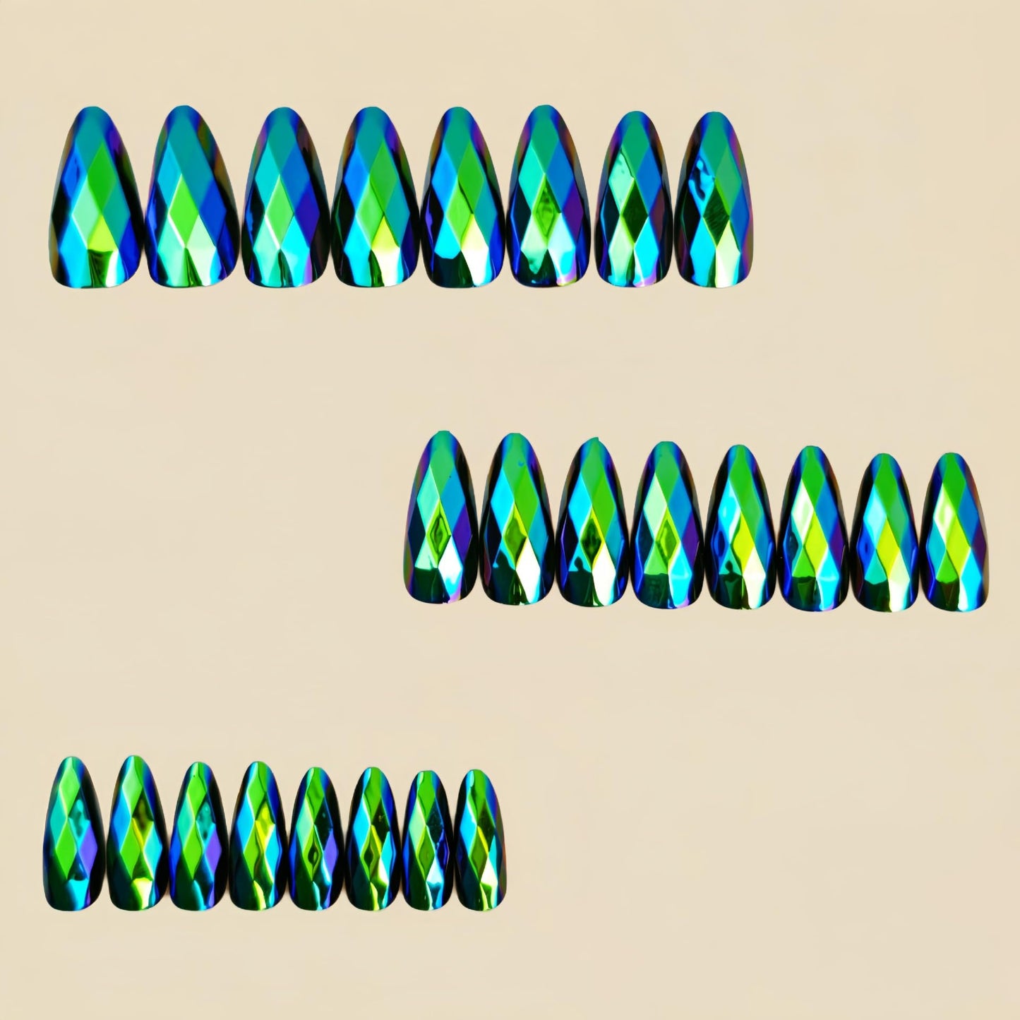 RUOKEXIN Almond Press on Nails Medium Length Fake Nails Green Chrome False Nails with 3D Rhombus Designs Full Cover Nail Press ons Sparkly Artificial Nails for Women 24Pcs