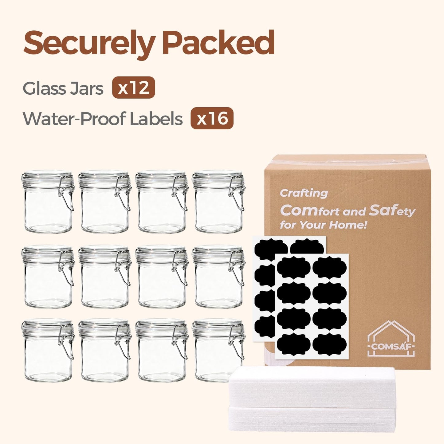 ComSaf 8oz Glass Jars with Airtight Lids (Value Pack of 12), Bulk Cylindrical Jelly Jars for Complete Pantry Organization, 240ml Small Canisters for Sourdough Discard, Spices, Crafts & More