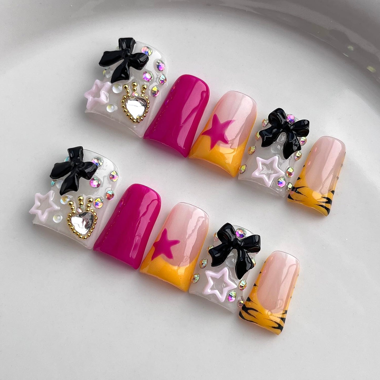 French Tip Press on Nails Handmade Short Duck 3D Thick Acrylic Nails Cute False Nails with Bow Stars Rhinestones Zebra Print Designs Kawaii Glossy Fake Nail Sturdy Art Press on Nail 10Pcs(S)