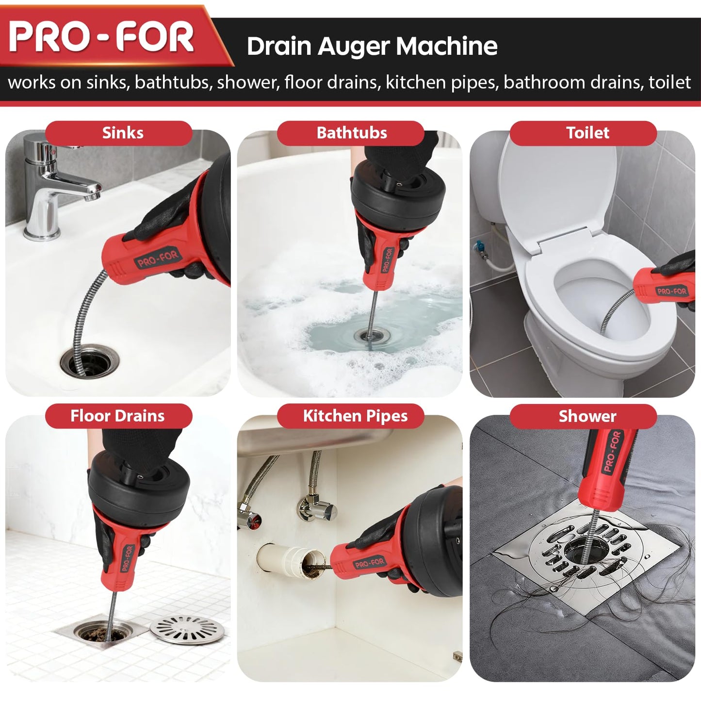 PRO-FOR Drain Auger, 16.4FT Plumbing Snake Drain Clog Remover, Manual & Drill Powered Drain Snake for 0.75–2 Inch Pipes, Sink, Shower, Bathtub, Toilet, Kitchen Drain Cleaner Tool with Steel Cable