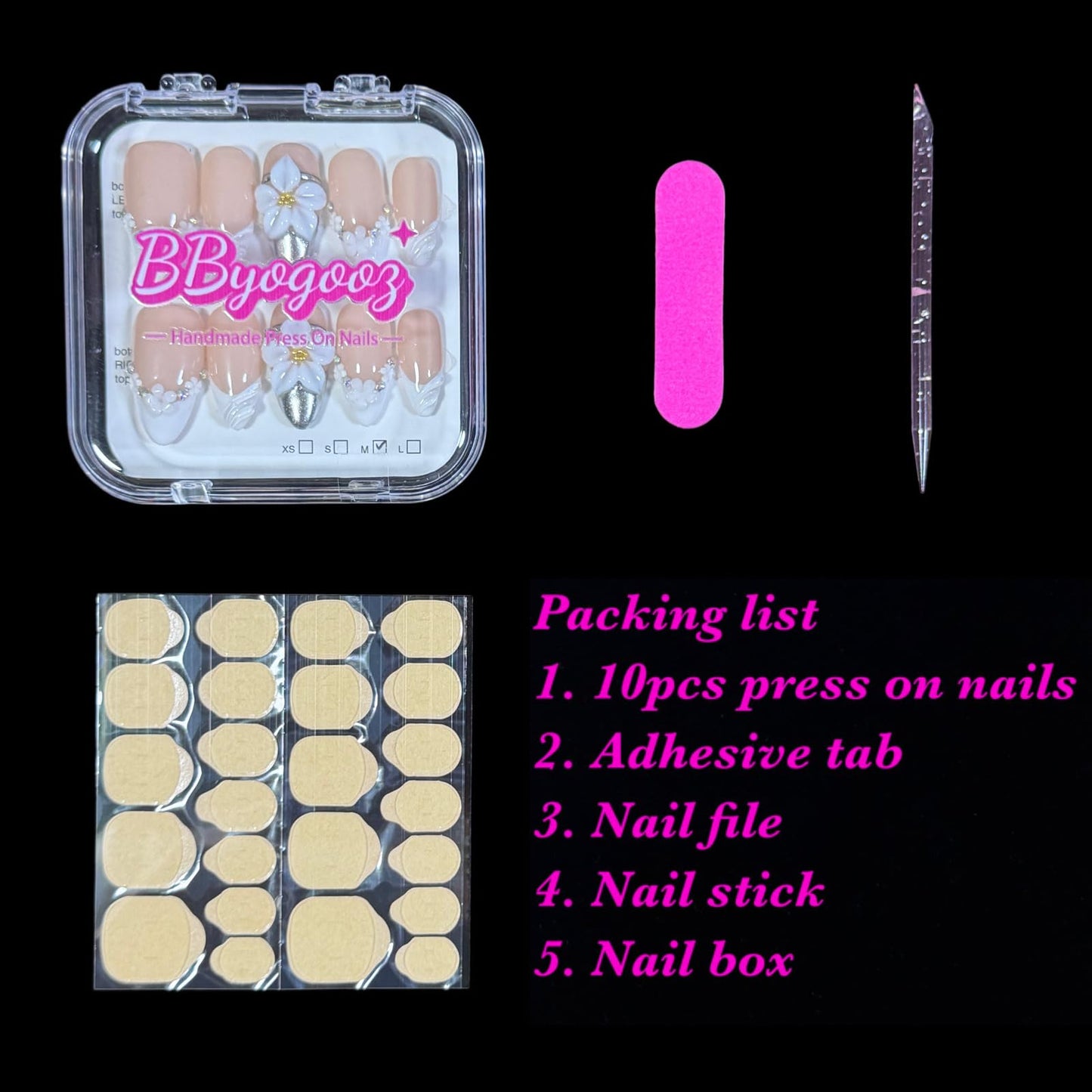 Handcrafted Press on Nails, Medium Almond Shape, 3D Flower Elegant Nude White French Tip with Rhinestone, Reusable Acrylic False Nails Classic French (L)