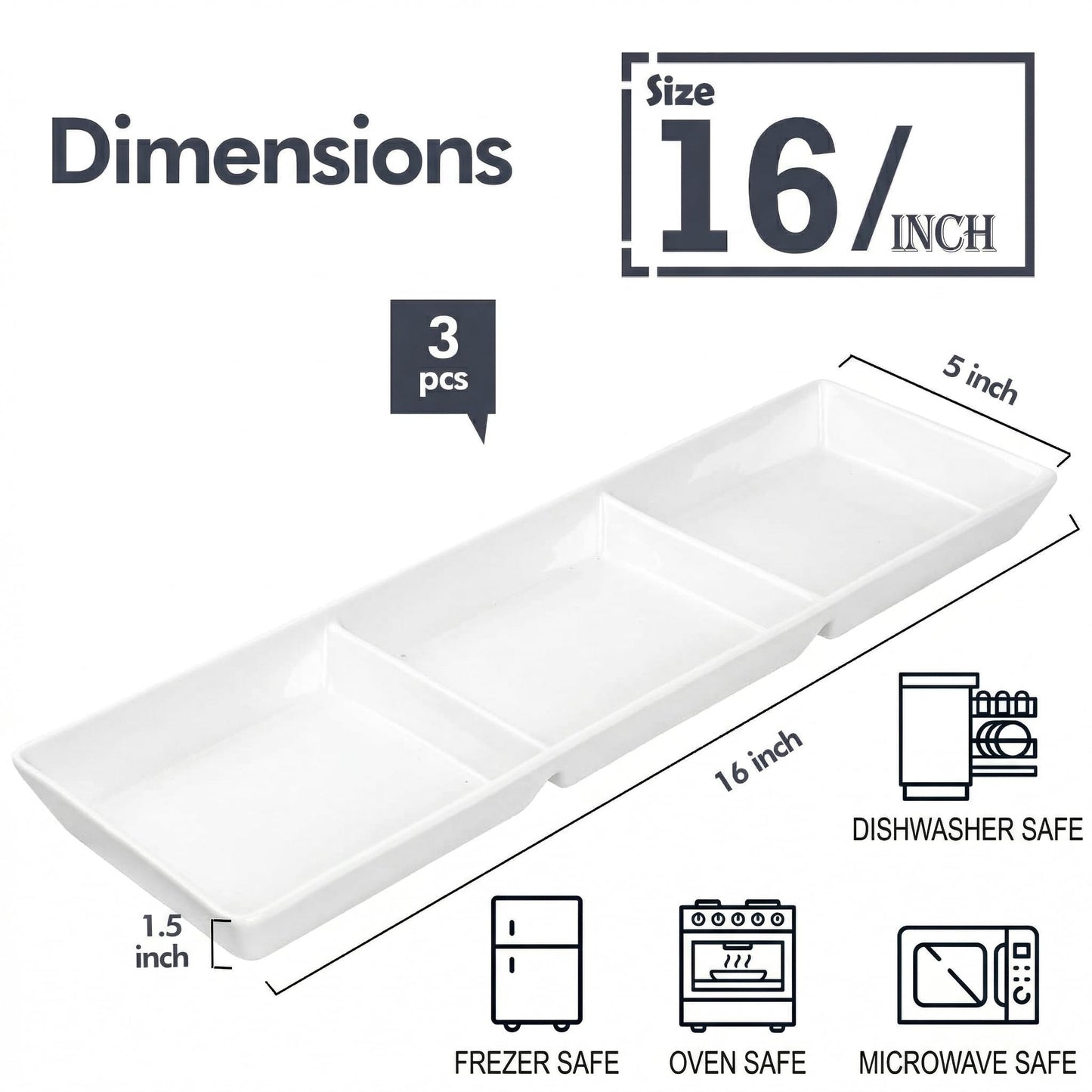 DELLING 16x5 Inch Ceramic 3-Section Serving Tray Set of 3, Stackable Divided Serving Platter - White Porcelain Appetizer Tray for Snack Food Dessert, Dishwasher Safe
