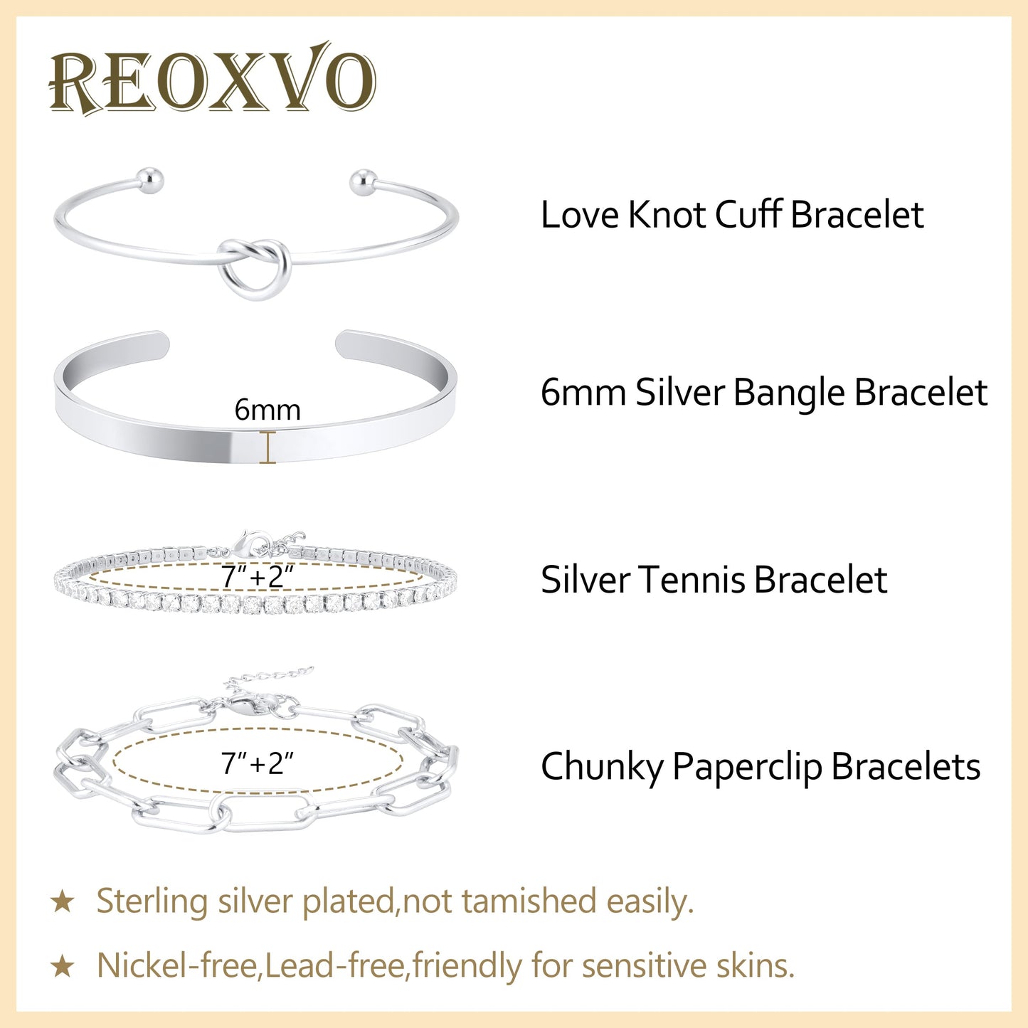 Reoxvo 925 Sterling Silver Plated Tennis Bracelets Stack for Women Silver Bangle Cuff Bracelets Set for Women