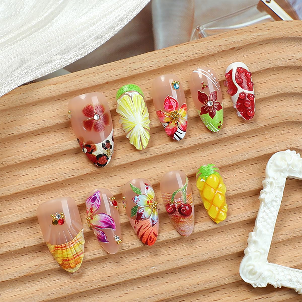 30Pcs Handmade Press on Nails Medium Almond French Tip Fake Nails 3D Flower False Nails with Beach Fruit Design Summer Glue on Nails Full Cover Artificial Glue on Nails Cute Stick on Nails for Women