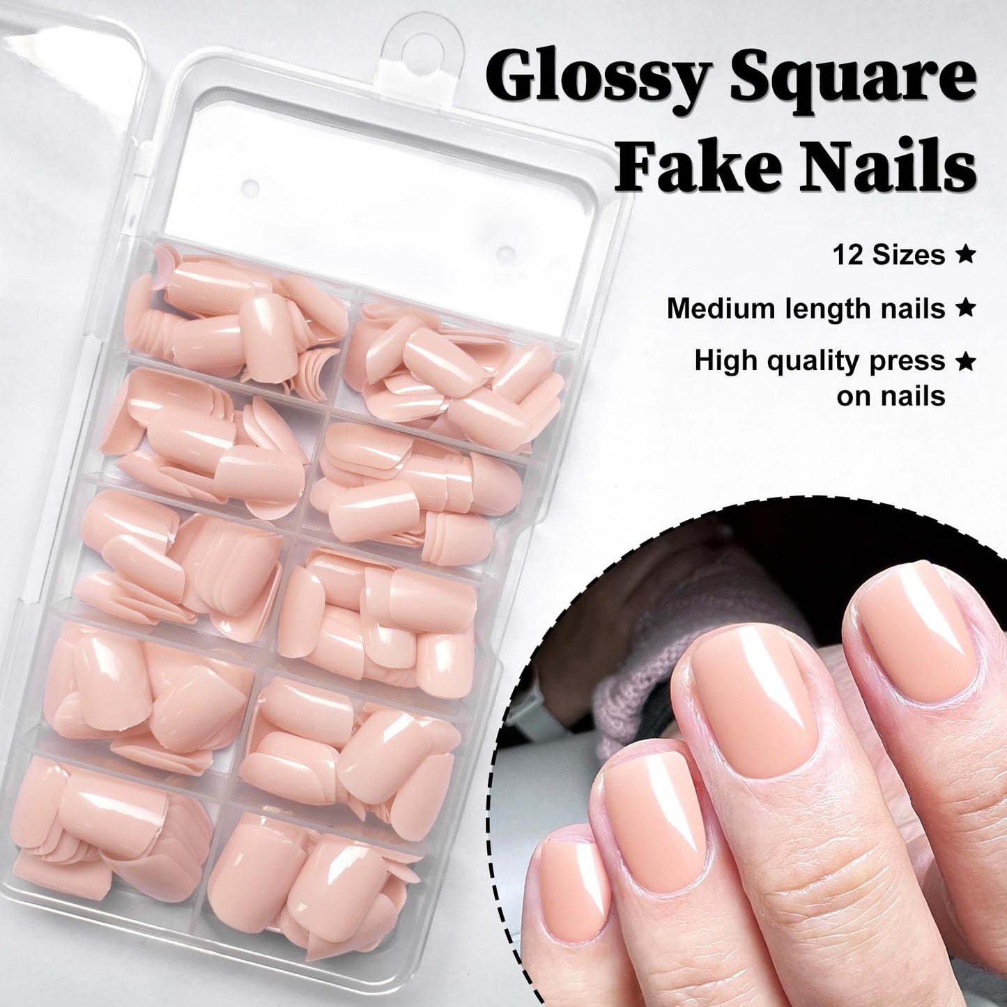 LuckForever Short Press on Nails 240pc Glossy Lotus Pink Press on Nails Short Square Round Fake Nails Full Cover 10 Sheets Nail Adhesive Tabs,Small Wooden Sticks and Nail Files False Nails for Women