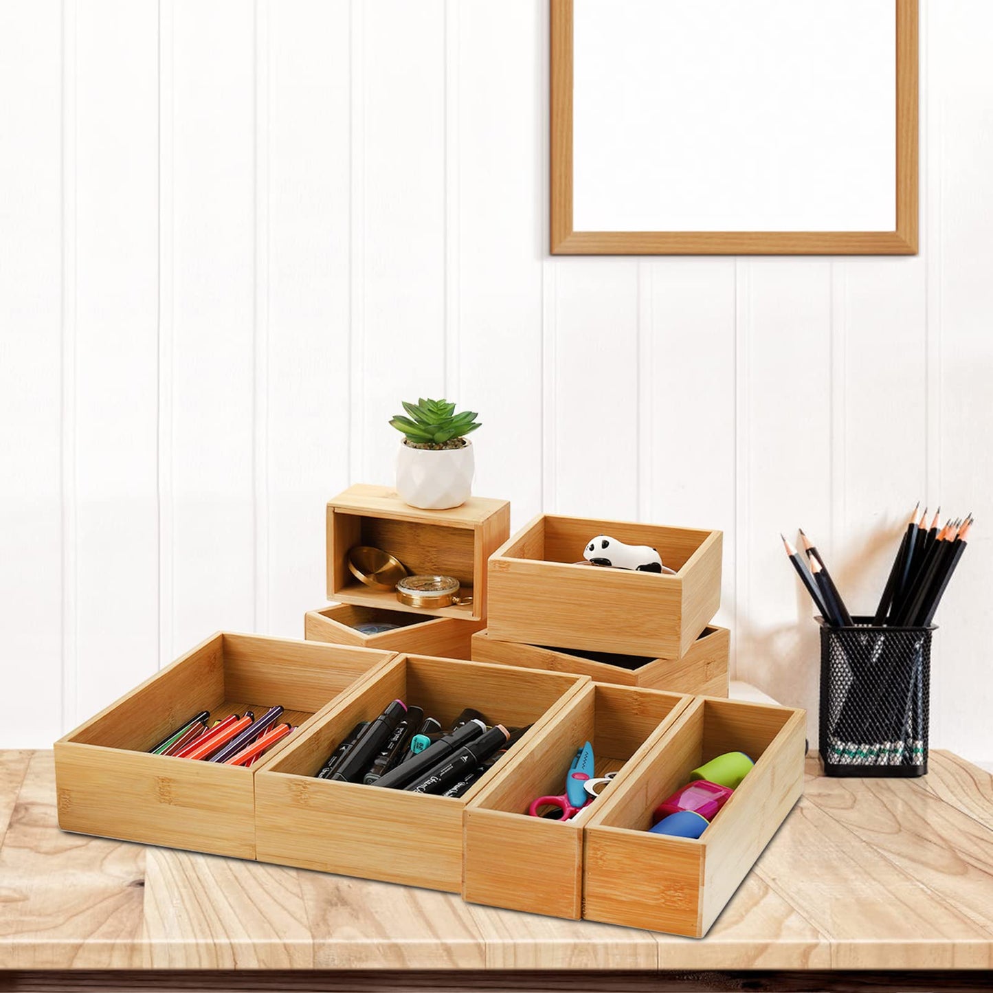 Lawei 8 Pieces Bamboo Drawer Organizer Boxes, Stackable Drawer Organizer Storage Tray 4-Size, Versatile Dividers Cutlery Holders Bins Containers for Kitchen, Bathroom, Office Desk, Makeup, Jewelry