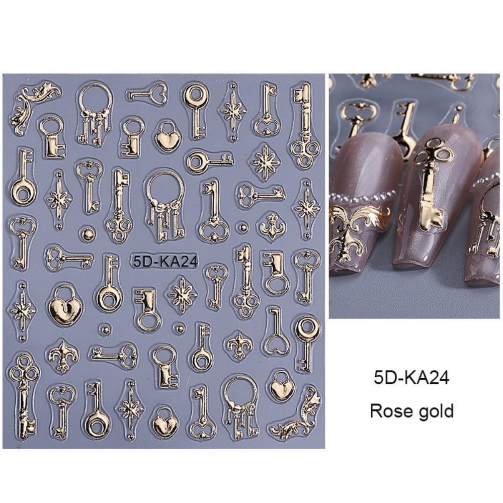 4 Sheets 5D Embossed Key Nail Stickers Silver Key Nail Designs Laser Hearts Lock Nails Supplies 3D Self-Adhesive Laser Keys Ring Rose Gold Lock Bone Nails Decals for Women DIY Manicure