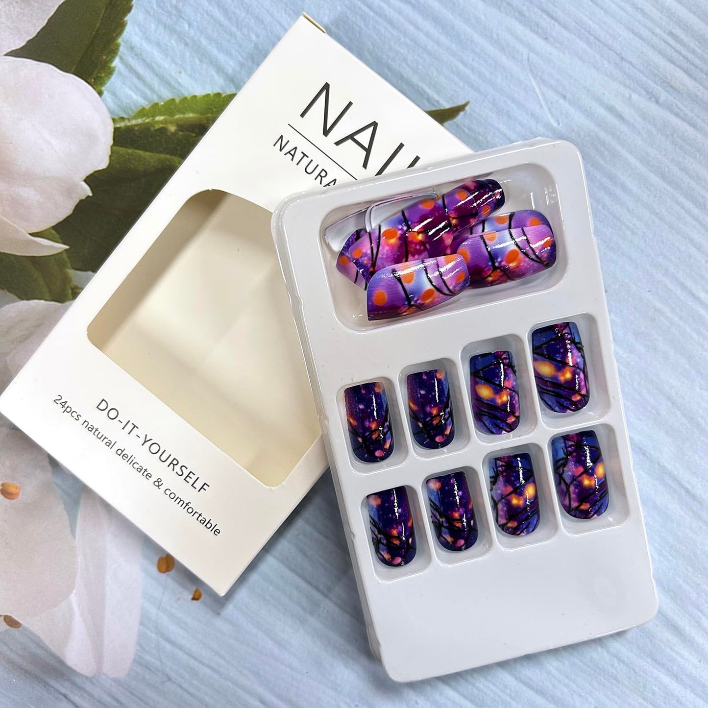CJDLTS Press on Nails - Medium Purple Aurora Design, 24 Pcs Glossy Full Cover Acrylic Coffin Nails (Reusable Glue On, DIY Stick On)