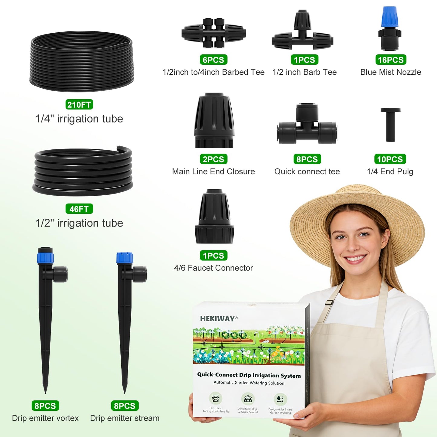 HEKIWAY 2026 Upgrade 256FT Quick-Connect Drip Irrigation System Kit with 1/4” & 1/2” Fast-Lock Tubing, Adjustable Emitters & Sprinklers for Garden & Greenhouse