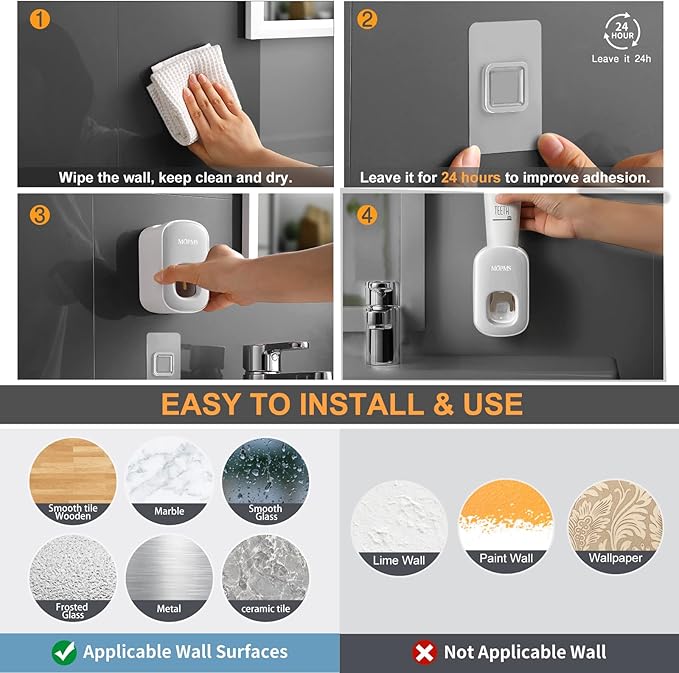 MOPMS Toothpaste Dispenser Wall Mounted for Bathroom Automatic Toothpaste Squeezer for Kids and Adult (Grey-2Pcs)