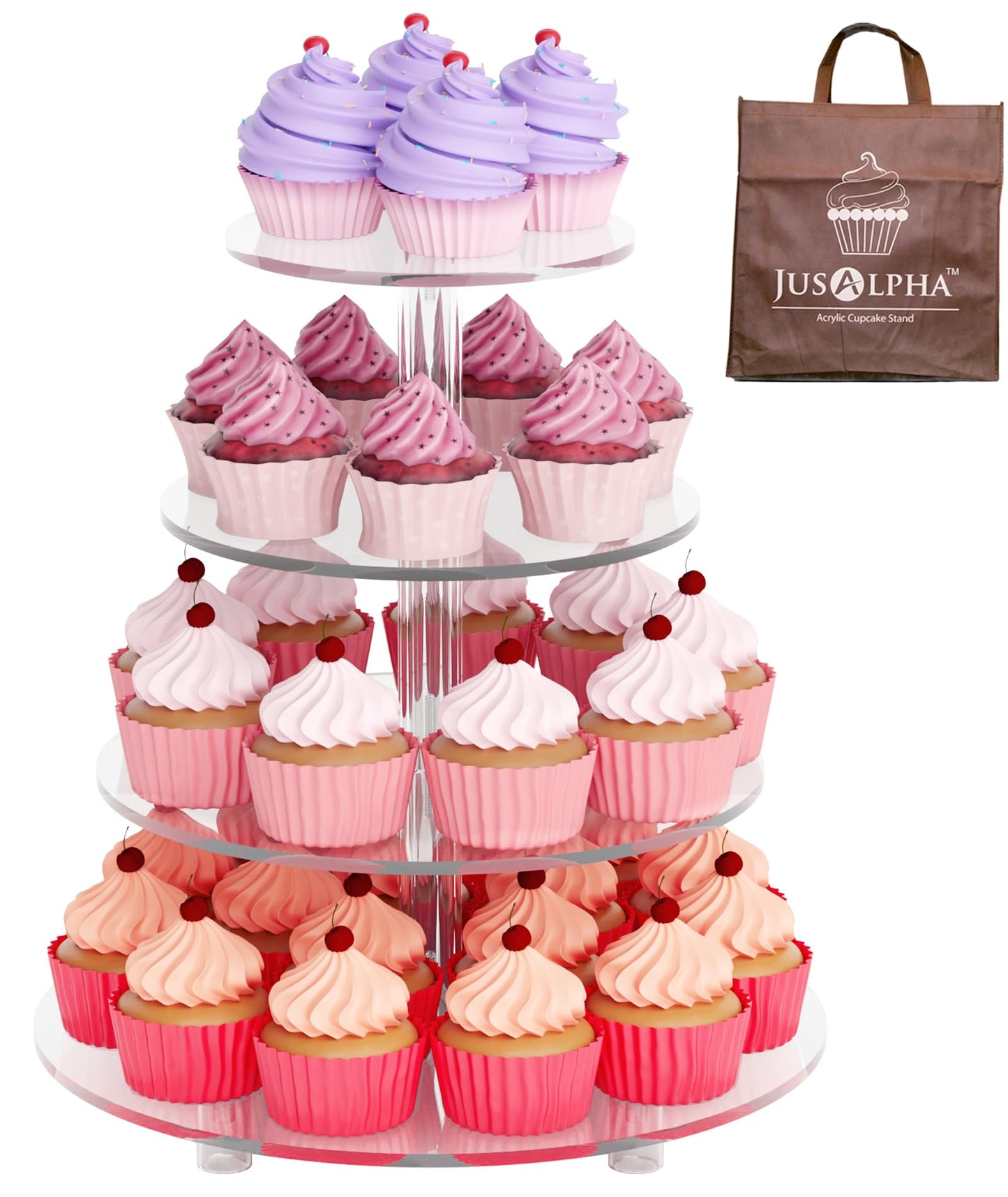 Jusalpha Large 4 Tier Cupcake Stand,Acrylic Round Cake Stand Dessert Tower Tea Party Serving Platter, Cupcake Tree Wedding Party Décor, Stand with Rod Feet (4RF)