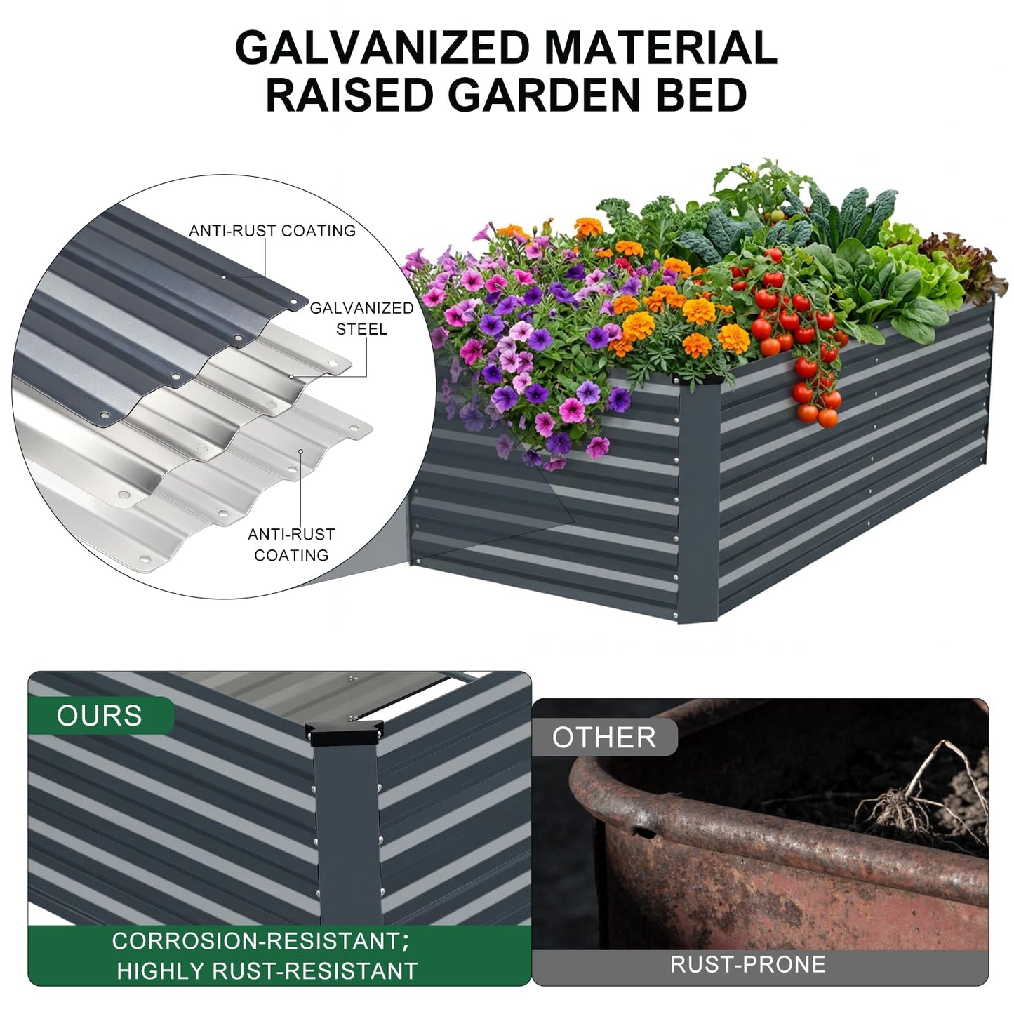 STBoo 6x3x2FT Galvanized Raised Garden Bed, Outdoor Metal Raised Planter Box for Vegetables, Elevated Rust-Resistant Rectangle Gardening Container Kit with Reinforced Panels for Backyard, Patio(Grey)