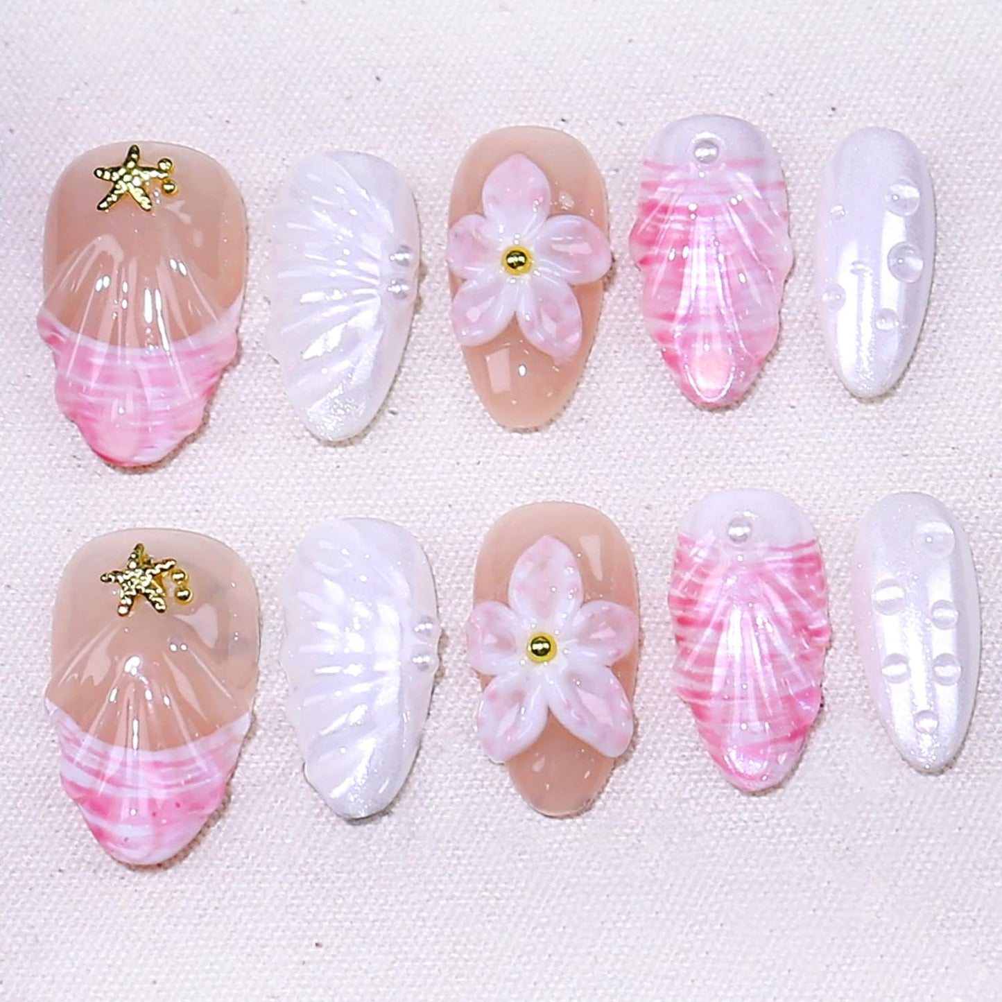 WBRRFJJ Handmade Medium Almond French Tip Fake Nails, 3D Flower Design, 10 Pcs, Glue on Nails, Pink, Acrylic, Full Cover, Artificial
