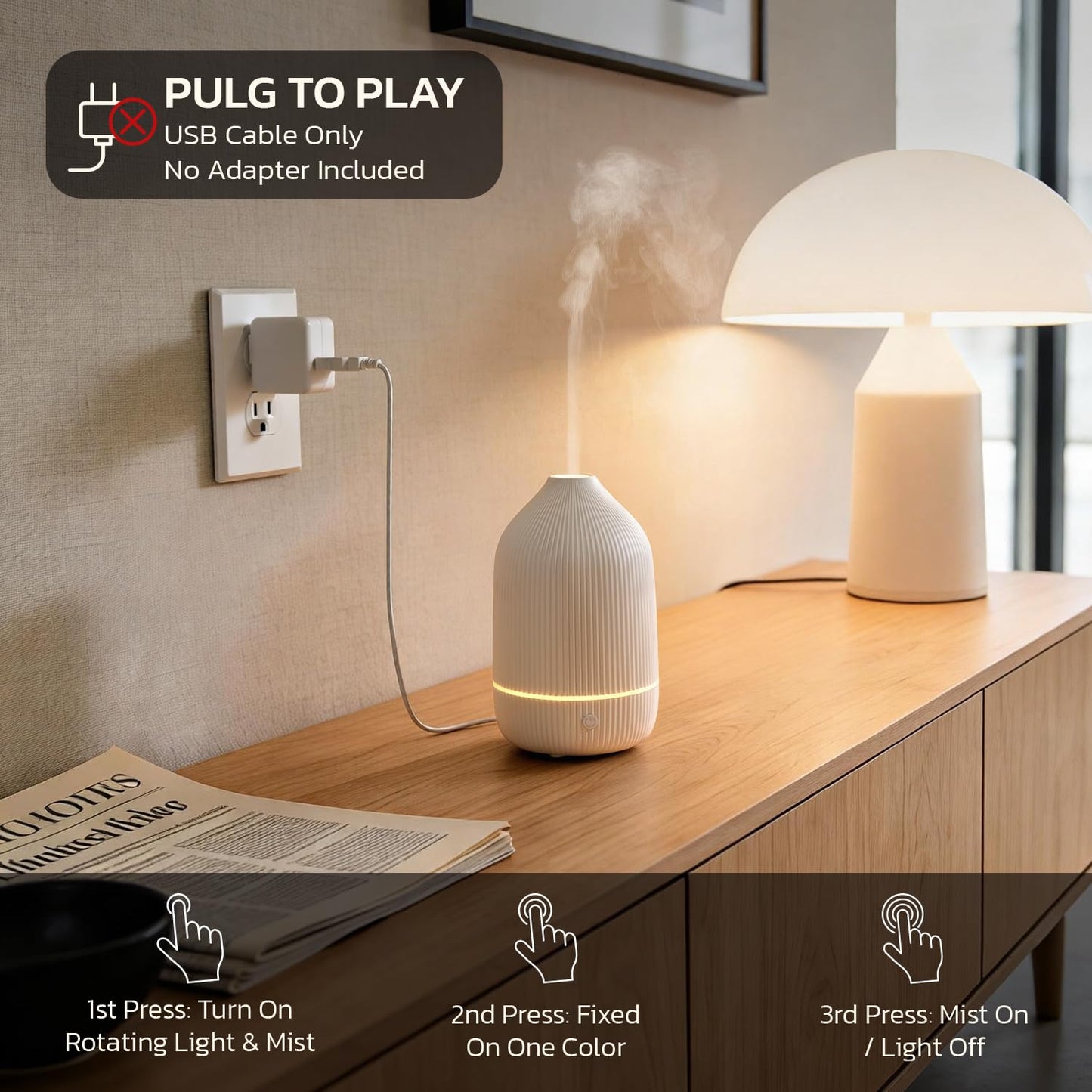 Essential Oil Diffuser, 100ml Aromatherapy Diffuser, Mini Ultrasonic Diffuser for Essential Oil, Home, Office, Cool Mist Humidifier with 7 Led Light, Auto Shut-Off, White