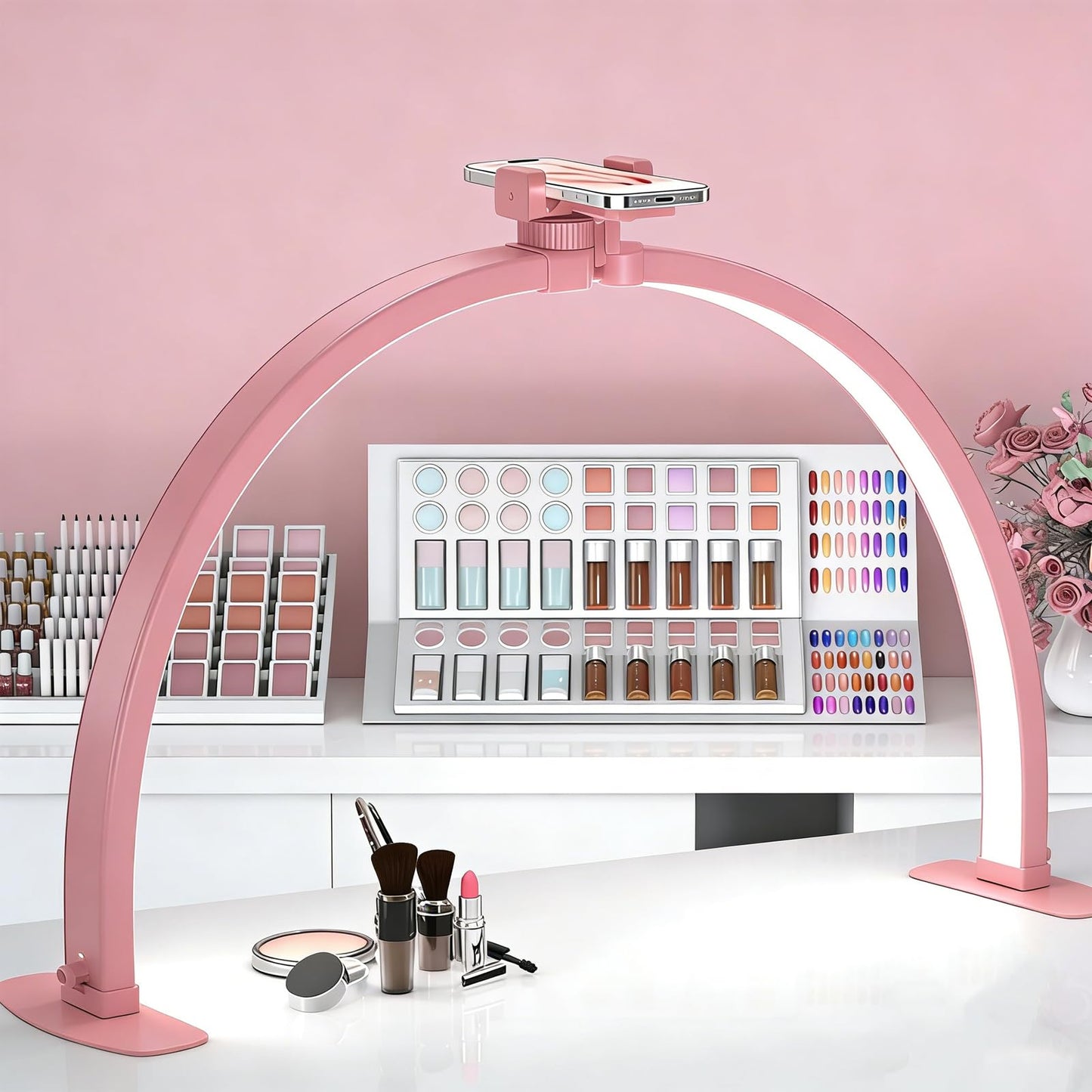Kadden Foldable Large Half Moon LED Light for Table Nail Desk with Phone Stand, Upgrade Arch Light for Nail Techs with Wire Controller for Manicure Tattoo Beauty (Pink, Large)