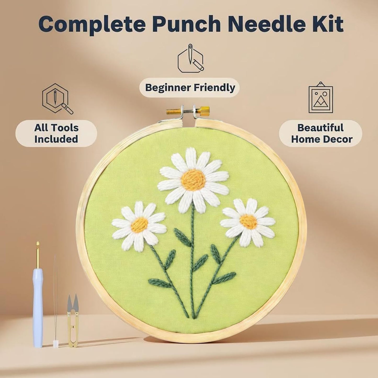 Punch Needle Kits For Adults Beginner,Punch Needle Starter Kit Easy,Embroidery Punch Needling Kits,DIY Punchneedle Kit All Supplies With Wooden Hoop/Patterns/Yarns/Instruction (08-White Daisy)