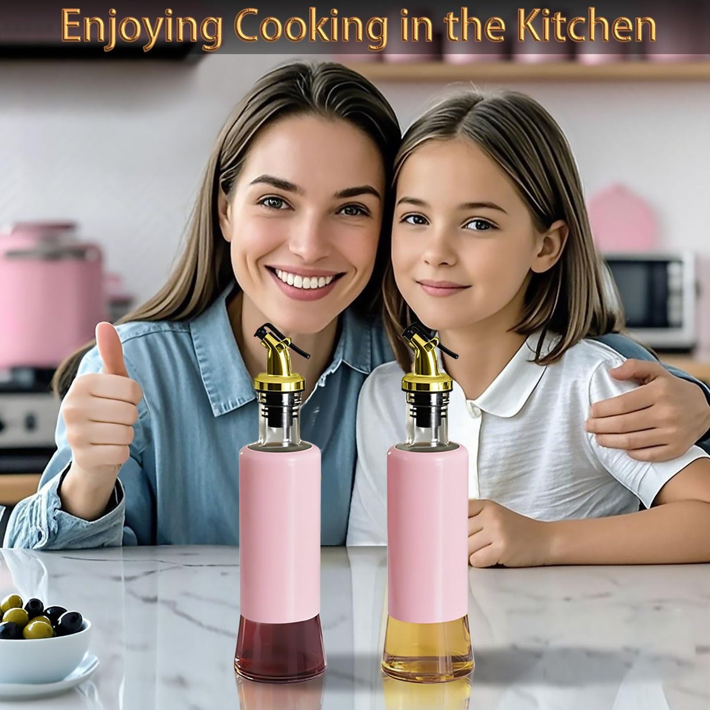 Miao’er Olive Oil Dispenser Bottle for Kitchen Set of 2, Golden Non-Drip & Leakproof Spout, One-handed Hold, With Pink Funnel for Easy Filling, 10OZ/300ML(PINK)