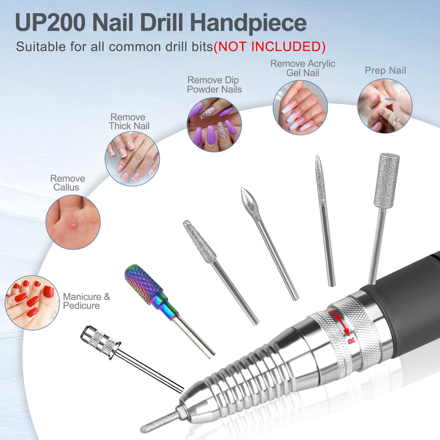 Nail Drill Handpiece for UP200 Machine, Compatible with KUPA KP55, KP60, KP5000, HoMove 35000RPM Professional Electric Nail File Handle Replacement 3 Pins, Low Noise and Comfortable (Only Handpiece)
