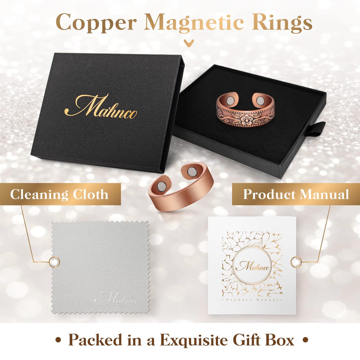Mahnco Lymphatic Drainage Copper Rings for Women, Lymphatic Drainage Magnetic Ring, Magnetic Lymph Detox Ring 100% Pure Copper Jewelry Gift (Vintage Flower & Uncoated Smooth)
