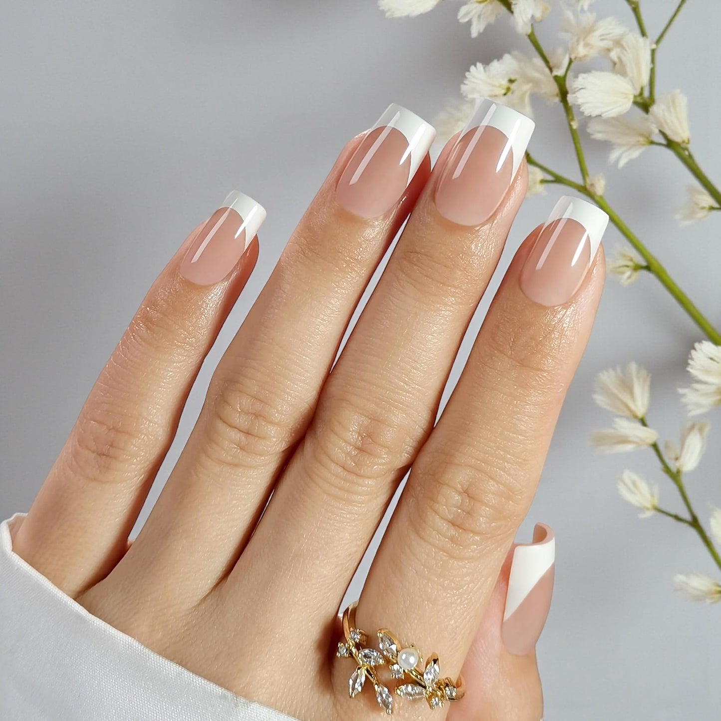 RPNZL Press On Nails - Ivory | French Tip, Medium Square UV Finish Fake Nails, Salon Quality | 32 Nails, 16 Sizes Kit with Glue and Adhesive Tabs I Female Founded