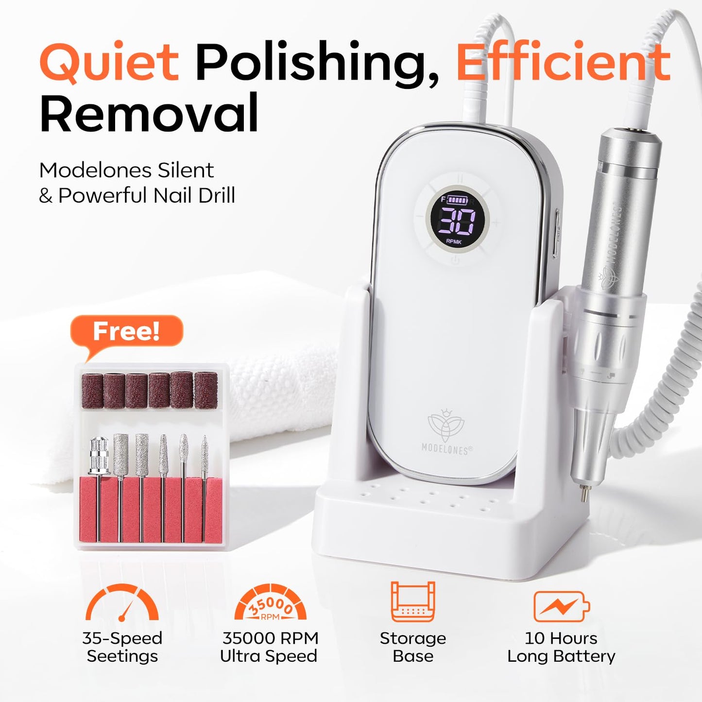 Modelones Professional Electric Nail Drill, 42000 RPM Portable Cordless Touchscreen 10h+ Runtime Rechargeable Nail Drill Kit with Storage Stand and 6 Drill Bits for Acrylic Nails Gel Removal