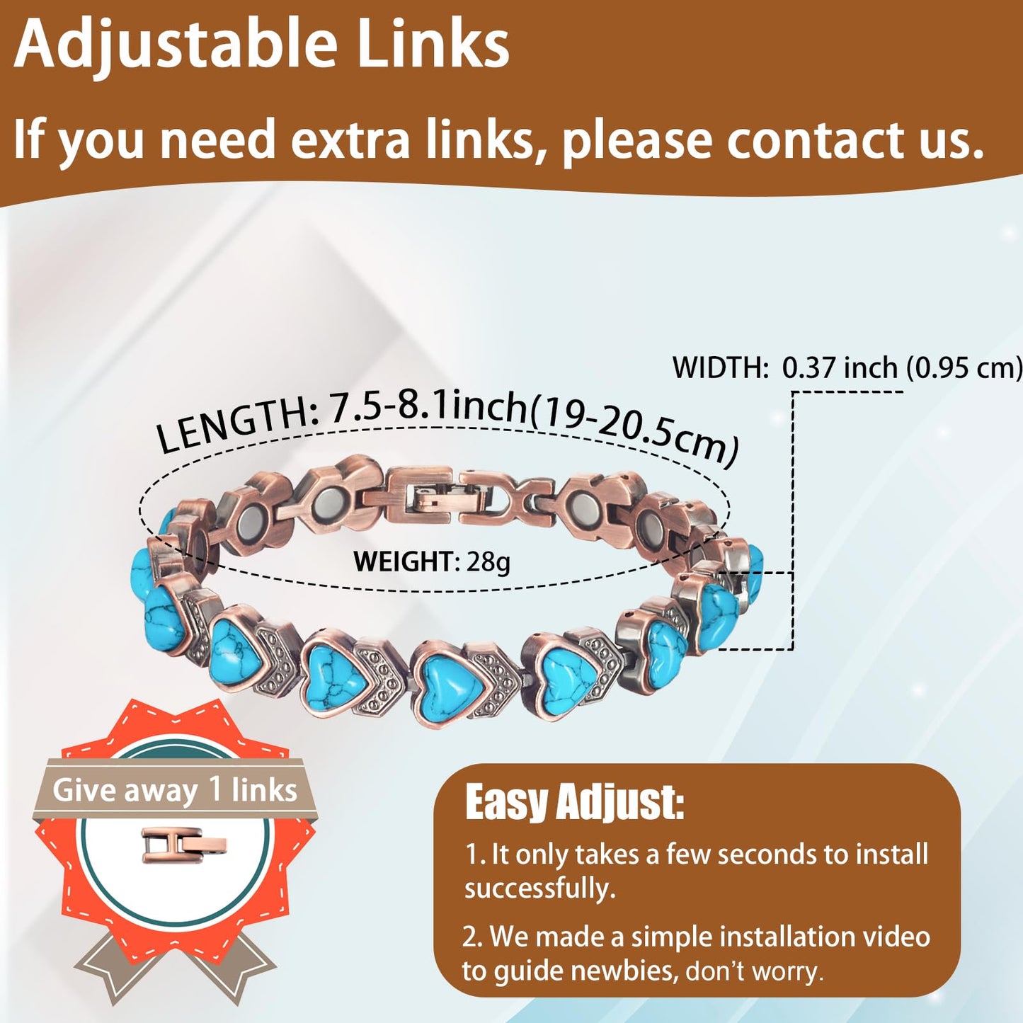 EnerCoppeX Copper Magnetic Bracelet for Women, Turquoise Detox Jewelry with 3500 Gauss Magnet (Type E)
