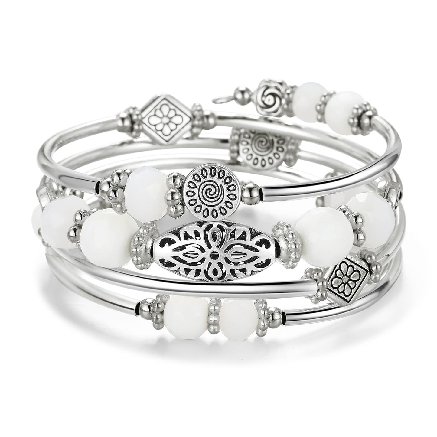 FULU AUTUMN Stackable Beaded Bracelets for Women Boho Wrap Silver Bracelet Layered Fashion Jewelry Gifts for Her(Porcelain White)