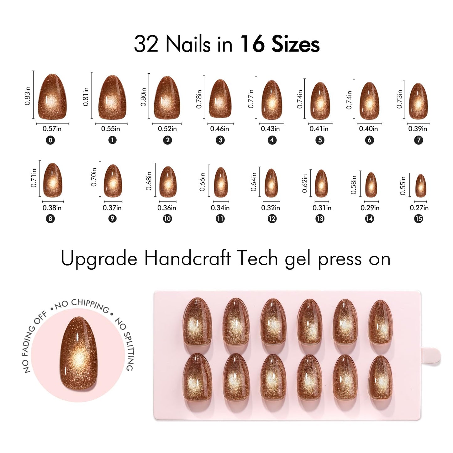 VSALON Press On Nails Short Almond, Brown Cat Eye Sparkle Fake Nails Kit, Reusable Glue on Nails, 32 Pcs Stick On Nails in 16 Size