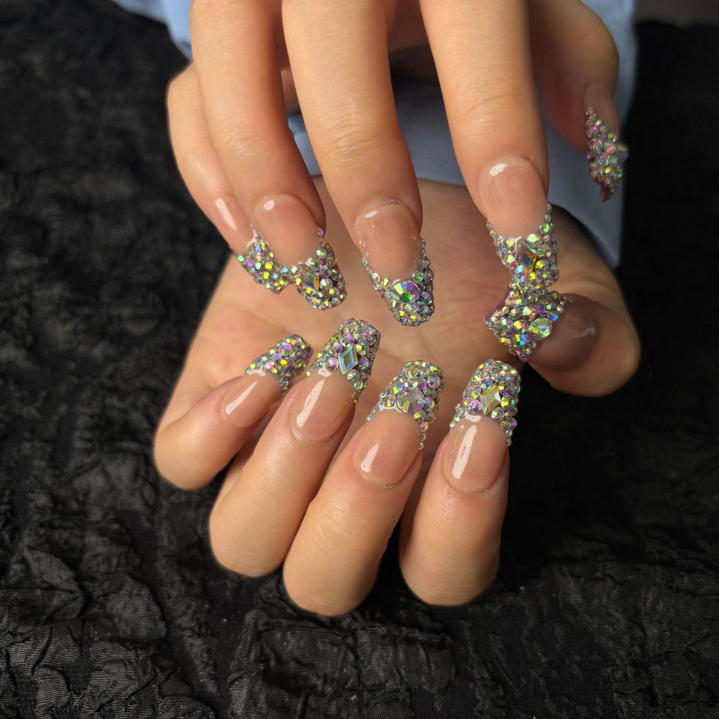 AKA Unicron Handmade French Tips Press On Nails Medium Short Coffin Acrylic Fake Nails Press Ons with Shining Rhinestones Charm Design,Nail Charm Nature Lasting Stick On Woman Fingernails