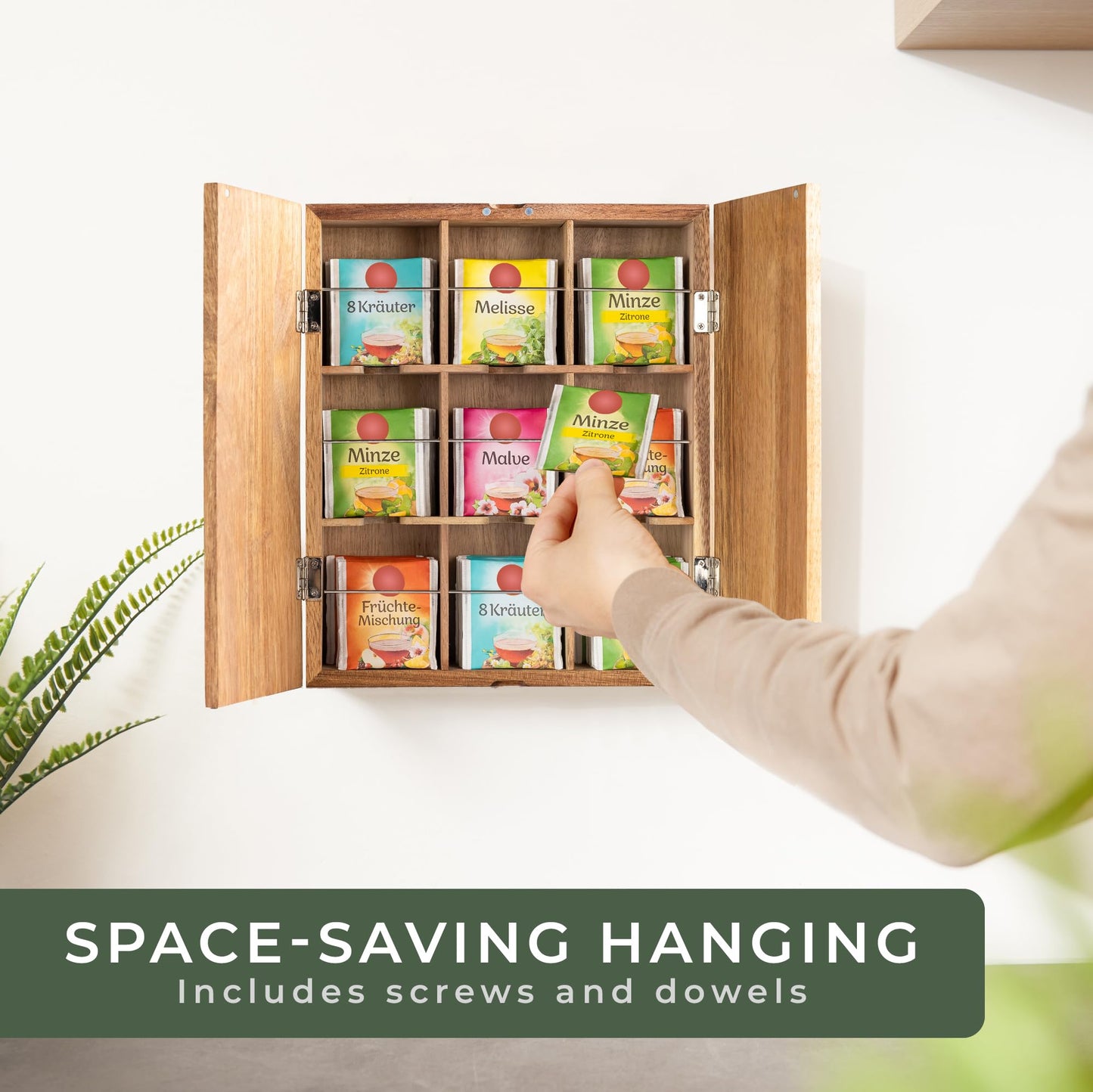 WALDWERK Tea Storage Organizer (9 Compartments) - Tea Organizer Made of Solid Acacia Wood - Tea Box with Wall Mounting Option - Tea Organizer and Storage - Tea Bag Holder - Plastic Free Tea Holder