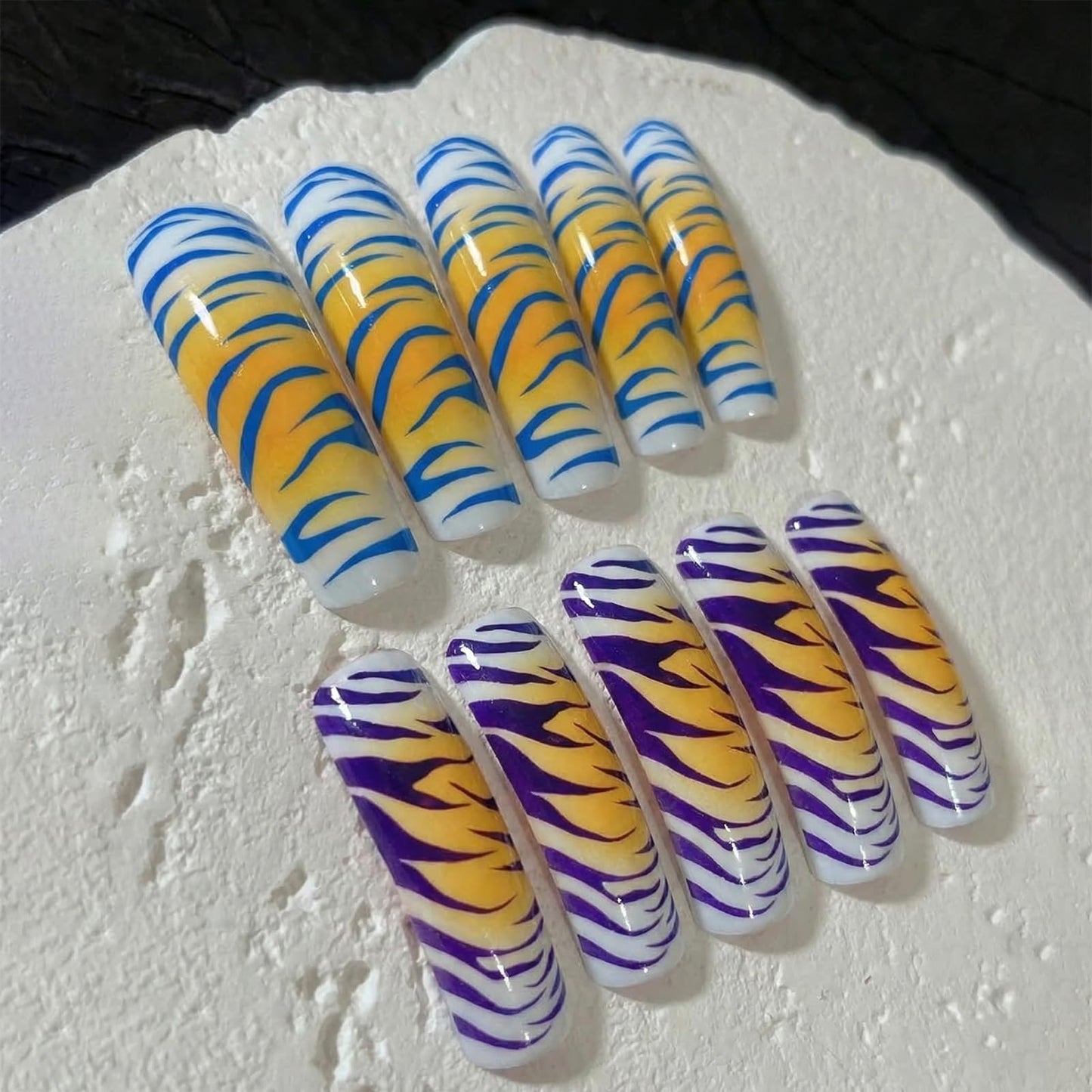 IMSOHOT Long Curved Press on Nails, Square Tiger Stripe Fake Tips with Glue, 20Pcs Full Cover Colorful Animal Print, Ombre Aesthetic Acrylic Glue-ons