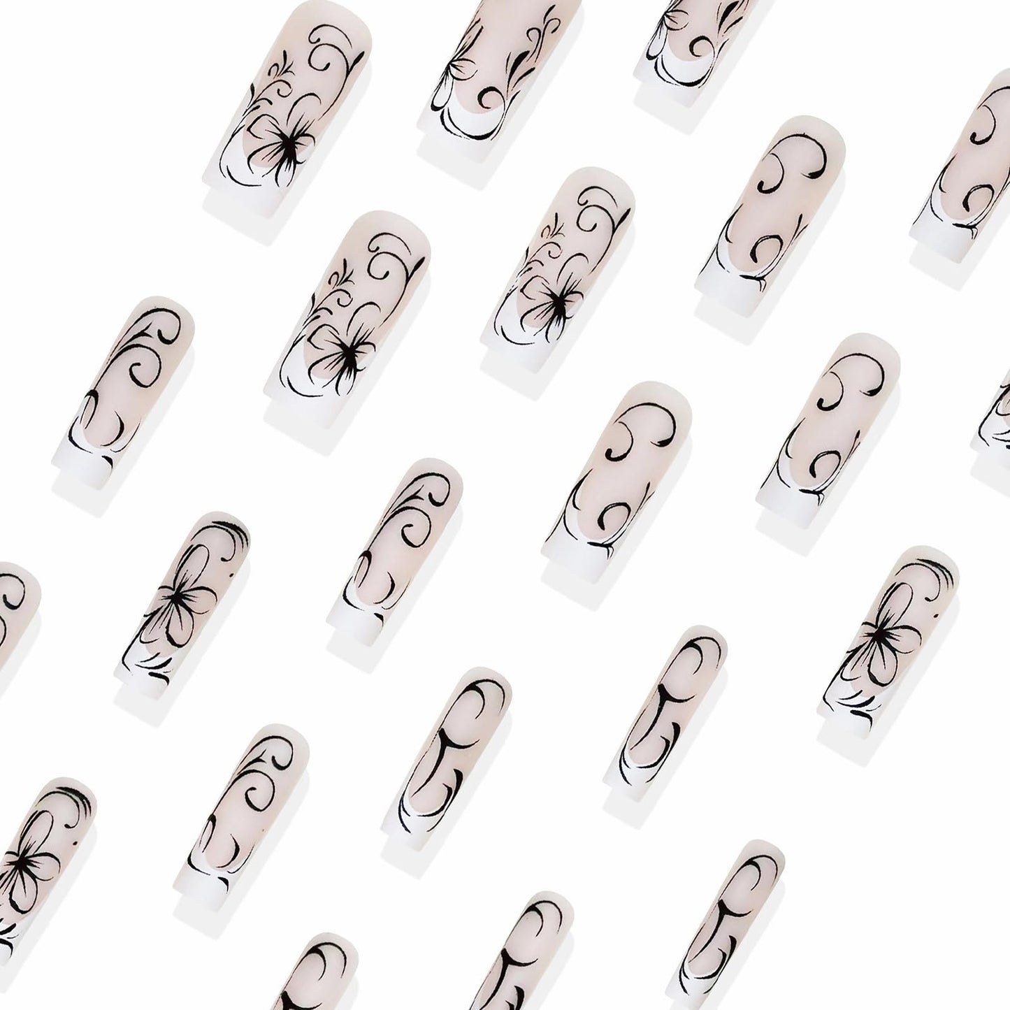 MISUD Press on Nails - Long Square Fake Nails with Matte White French Tip, Acrylic Black Flower Design 24 pcs