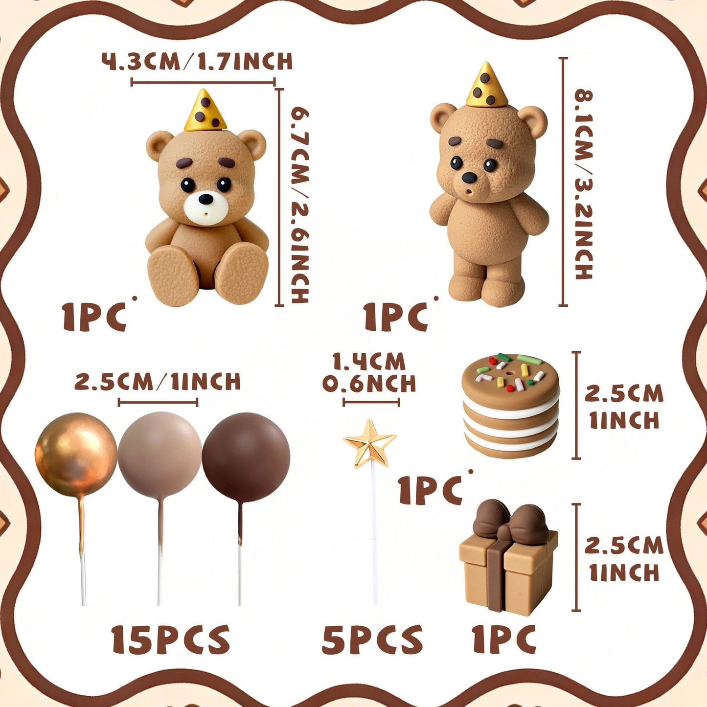 LaVenty Brown Bear Cake Decoration Beige Brown Balls Cake Topper Boho Cake Cake Decoration Baby Shower Birthday Cake Decoration