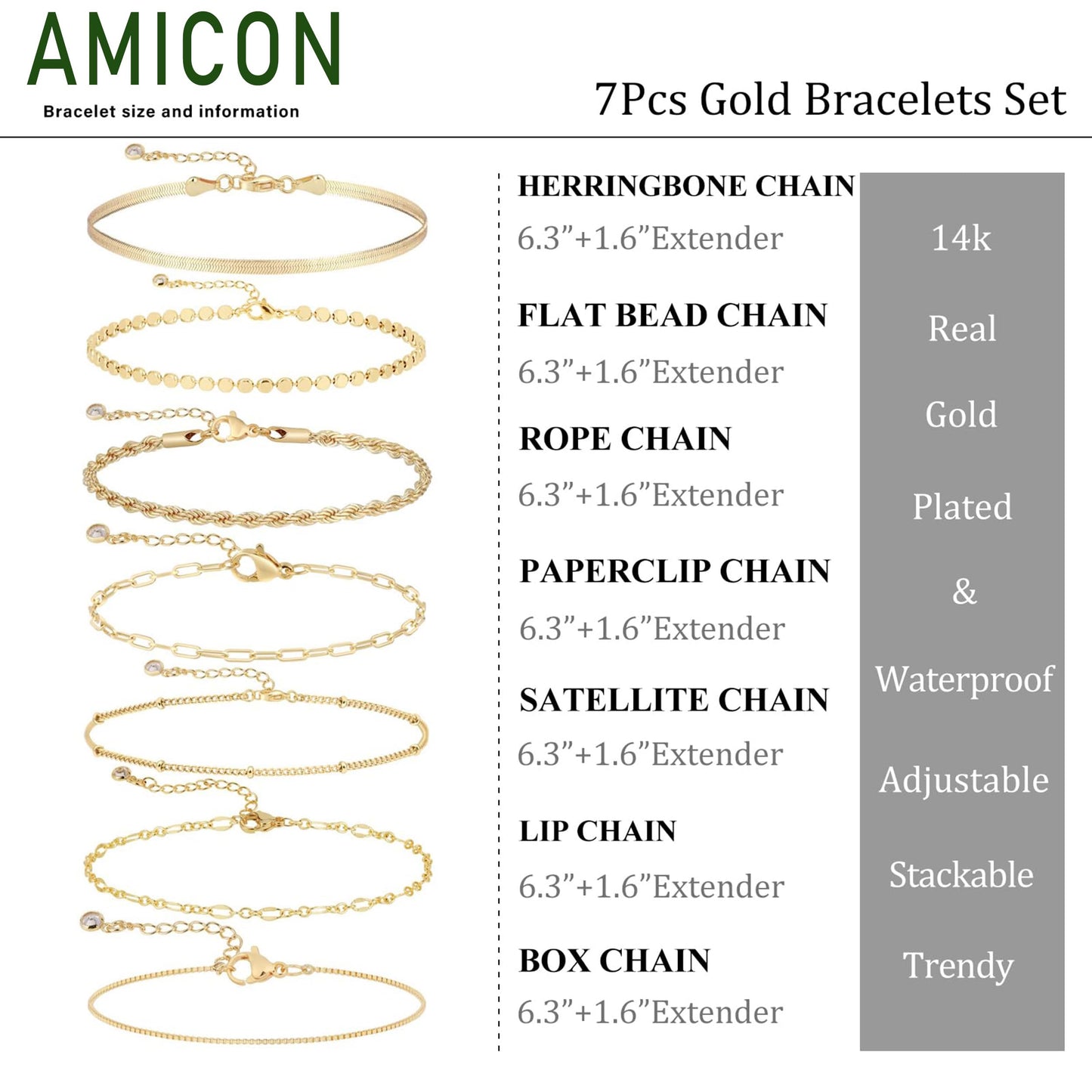 Amicon 14K Gold Plated Bracelets Set for Women – 7Pcs Dainty Stackable Tarnish-Resistant Paperclip Chain Jewelry Gift