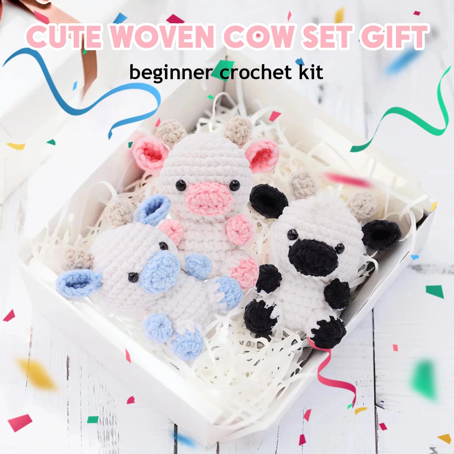 Crochet Starter Kit for Beginners, 3 Cute Animal Cow Pattern, Crochet Starter Kit Beginner for Adults Knitting Hooks and Yarn Set with Video Tutorial