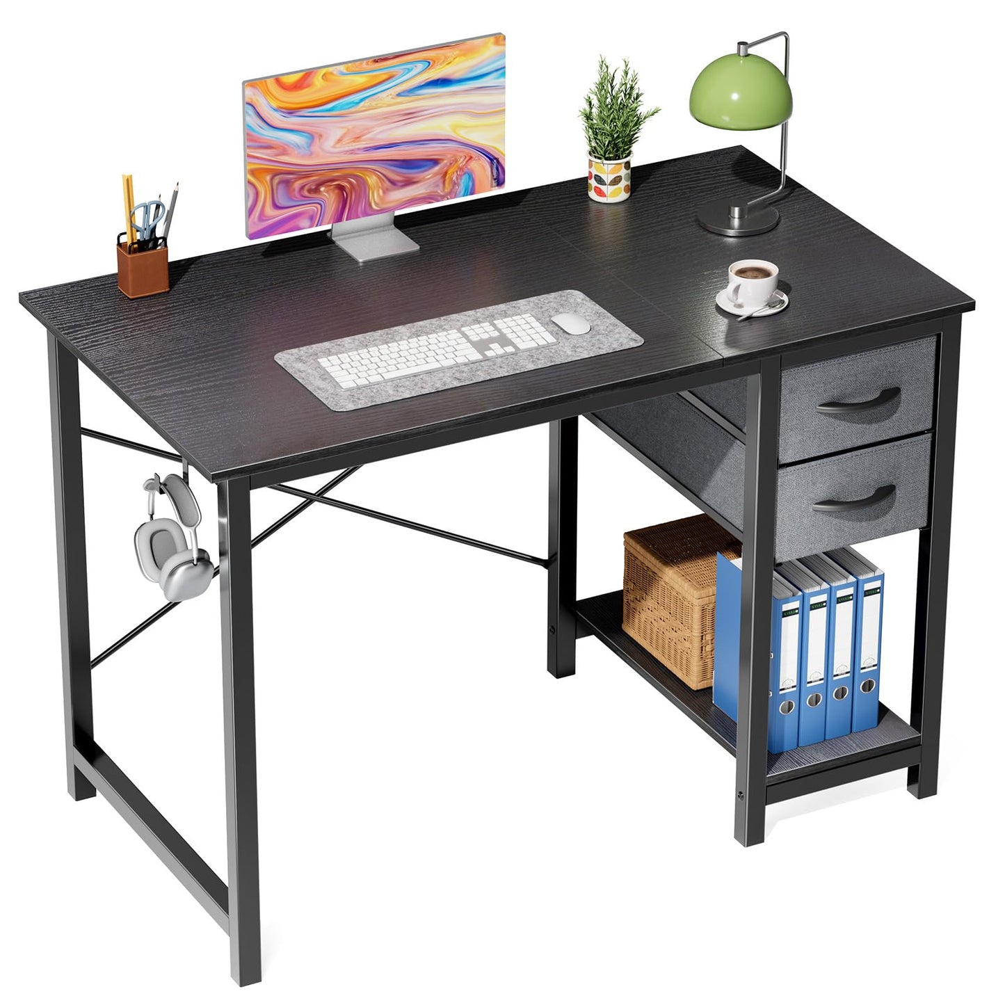 Sweetcrispy 40 Inches Computer Desk with Drawers, Home Office Writing Desk with X-Shaped Reinforcement, Modern Study Work Table with Side Hook, Sturdy Metal Frame, Black