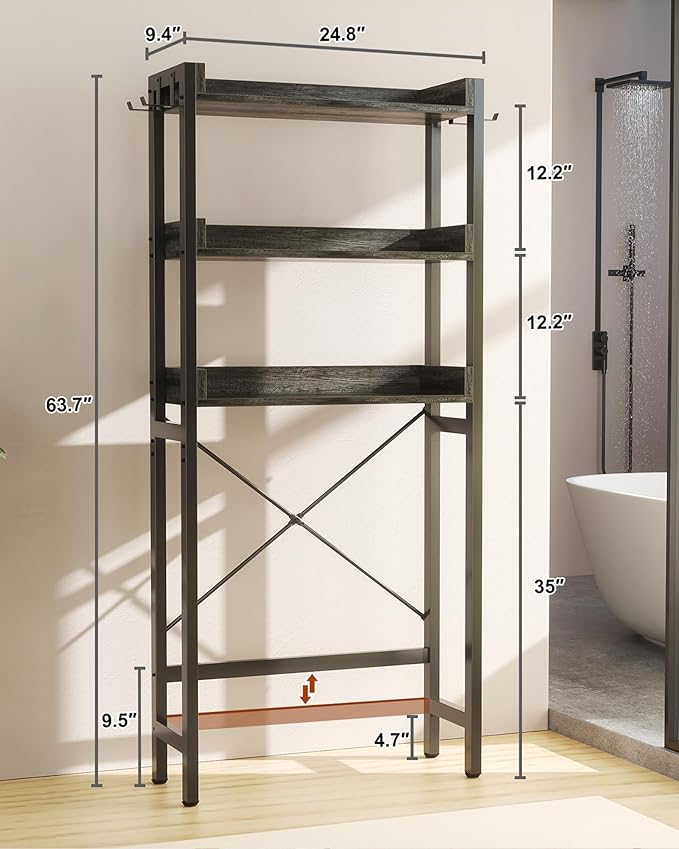 Ecoprsio Over-The-Toilet Storage Rack, 3-Tier Bathroom Organizer Shelf Over Toilet, Freestanding Space Saver Toilet Stands with 4 Hooks, Grey