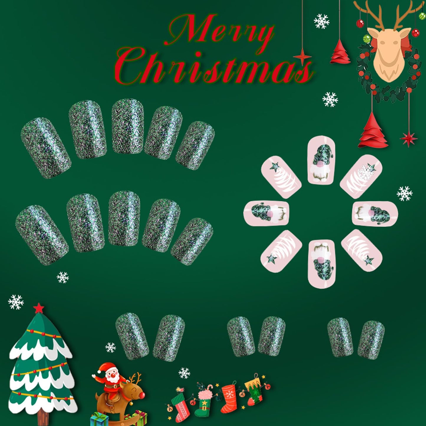 24Pcs Christmas Green Press on Nails Acrylic Full Cover Medium Square Fake with Santa Claus Dwarf Design Glossy False Nails Cute Glue on Stick on Nails for Women