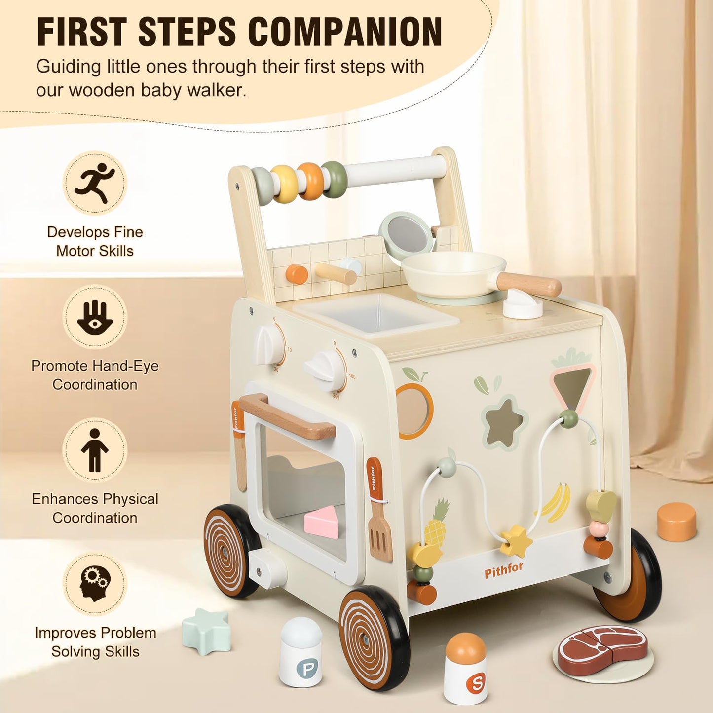 Pithfor Wooden Baby Walker, 3-in-1 Baby Push Walker, with Pretend Kitchen, Montessori Sensory Activity Center, Push Walker Toys for Babies Learning to Walk, Sit-to-Stand