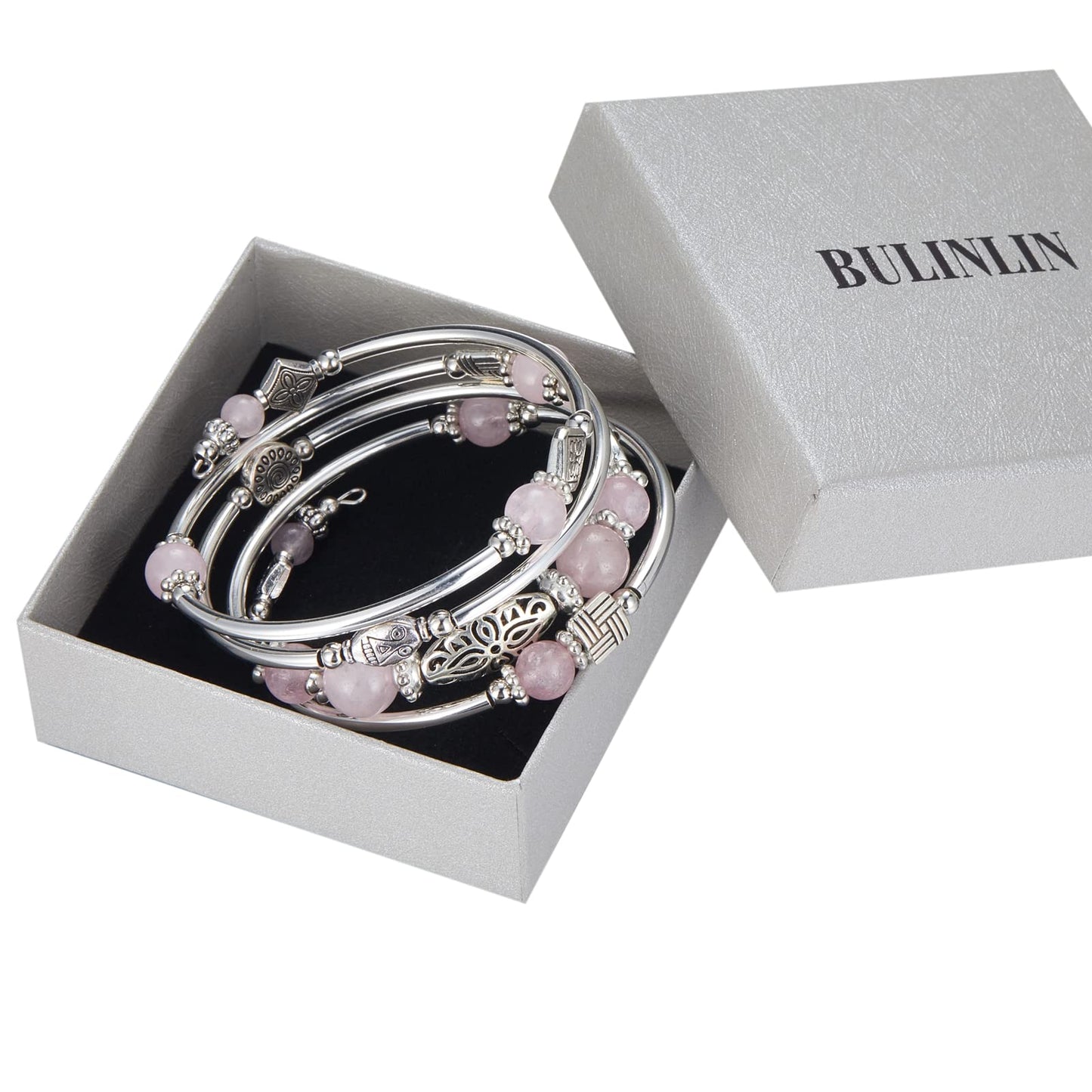 BULINLIN Layered Wrap Bangle Turquoise Bracelet - Bead Bracelet with Natural Agate Stone, Gifts For Women (03-Pink)