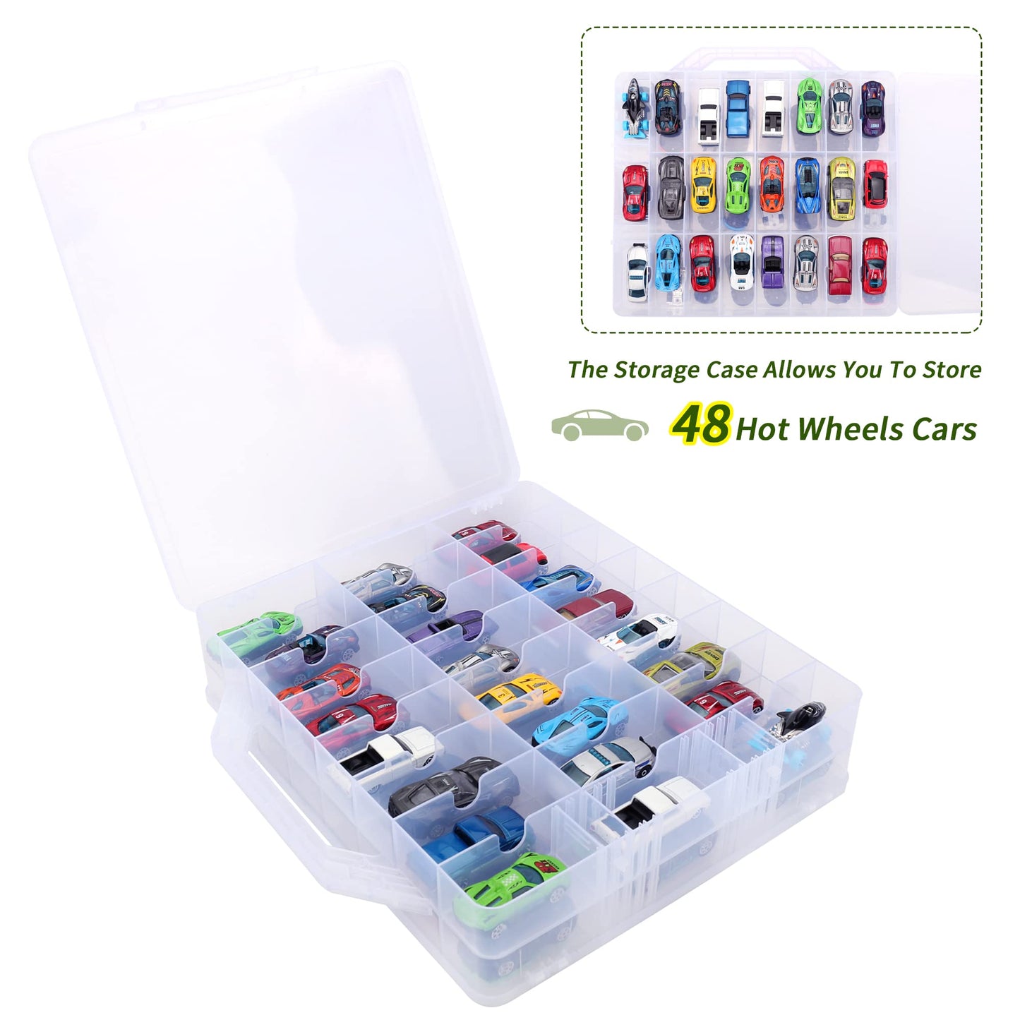 KISLANE Double Sided Toy Car & Doll Storage Case - 48 Compartments, Portable Transparent Case